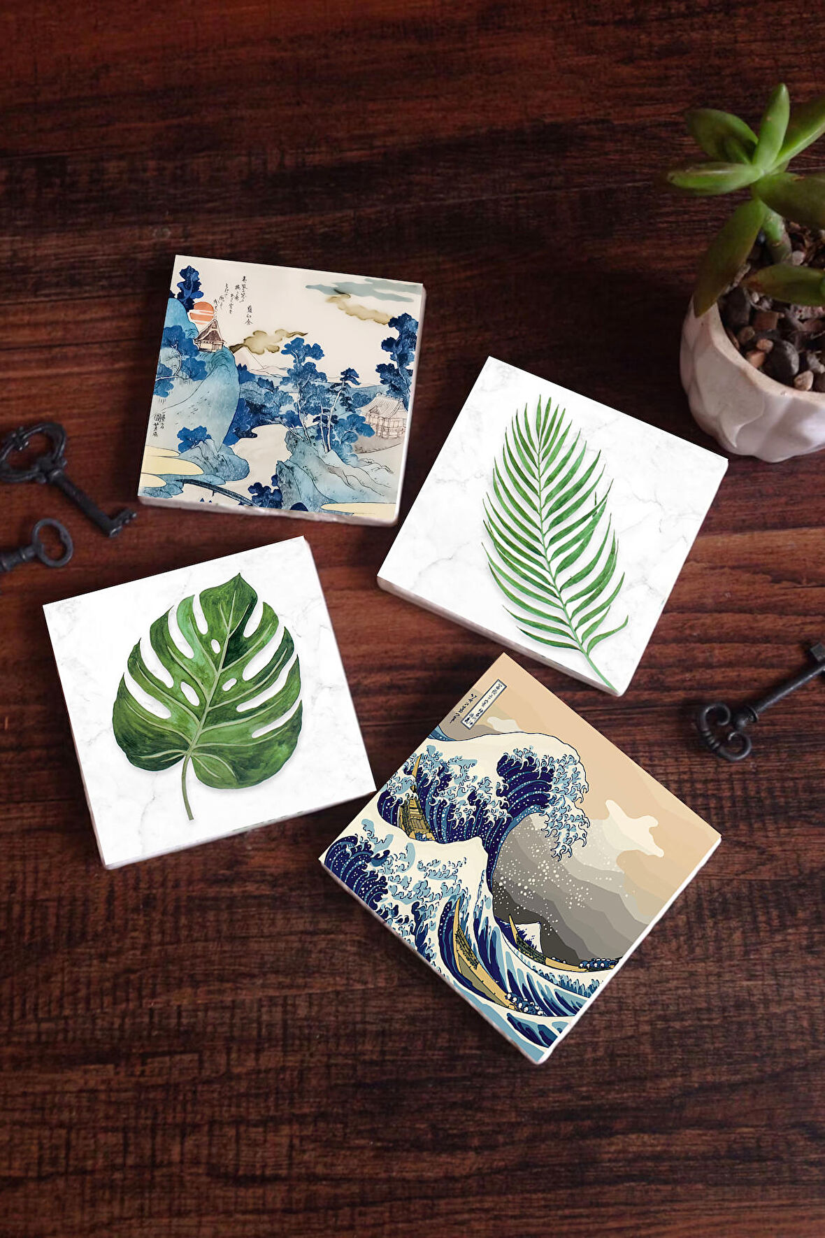 Fuji Dağı Japon Sanatı, Büyük Dalga, Yaprak Taş Bardak Altlığı Masaüstü Koruyucu Altlık 4 Parça Set 10x10cm Stone Coasters