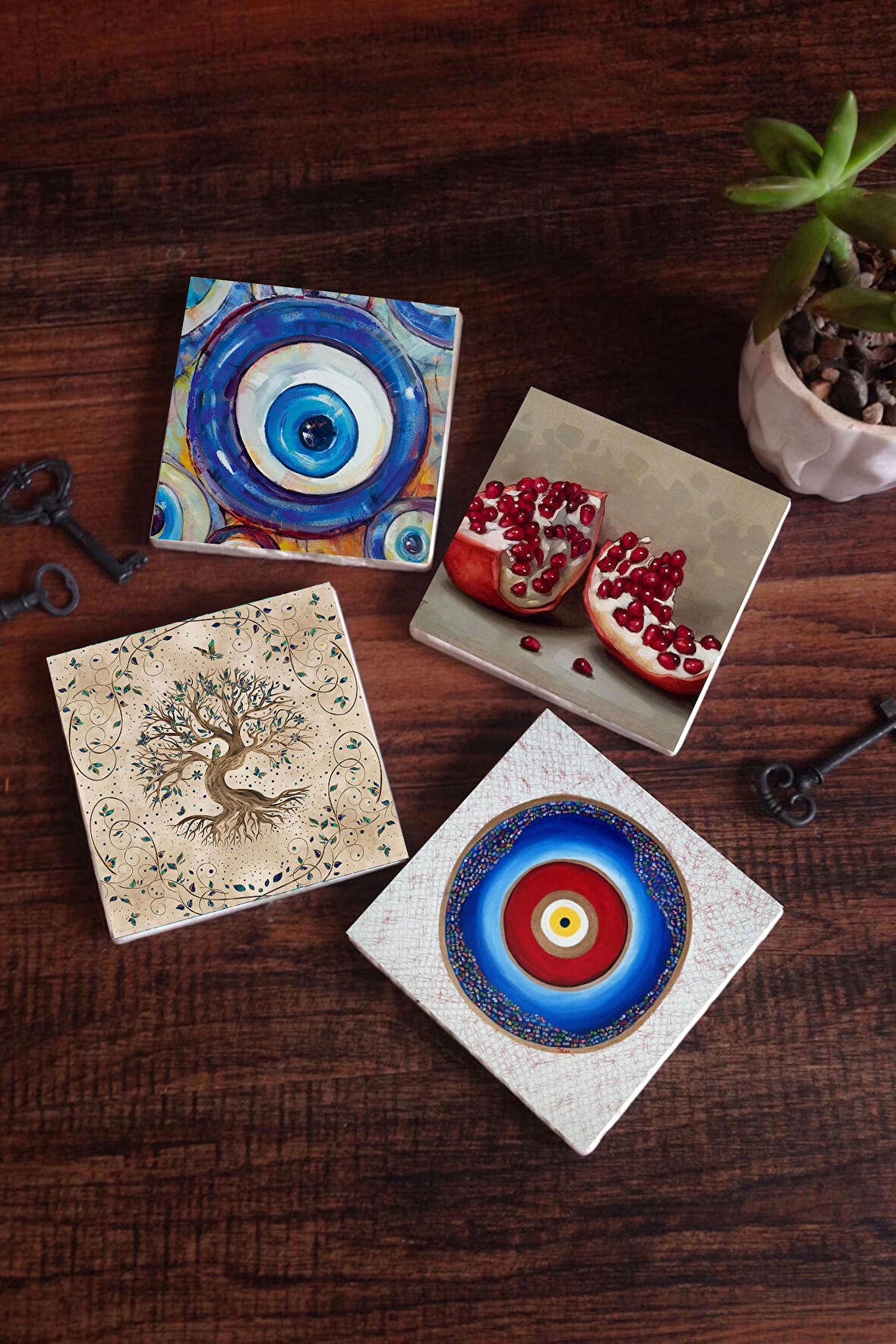Nazar, Hayat Ağacı, Nar Taş Bardak Altlığı Masaüstü Koruyucu Altlık 4 Parça Set 10x10cm Stone Coasters