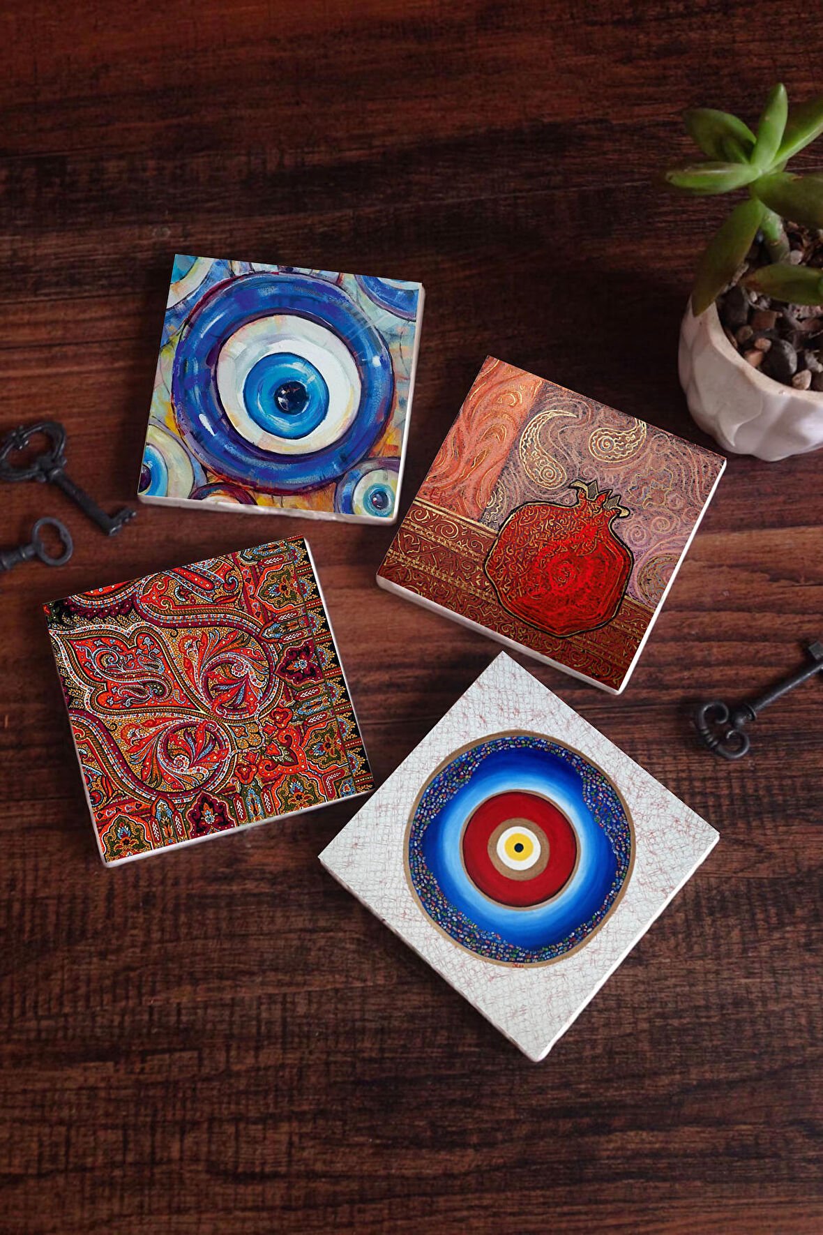 Nazar, Desen, Nar Taş Bardak Altlığı Masaüstü Koruyucu Altlık 4 Parça Set 10x10cm Stone Coasters