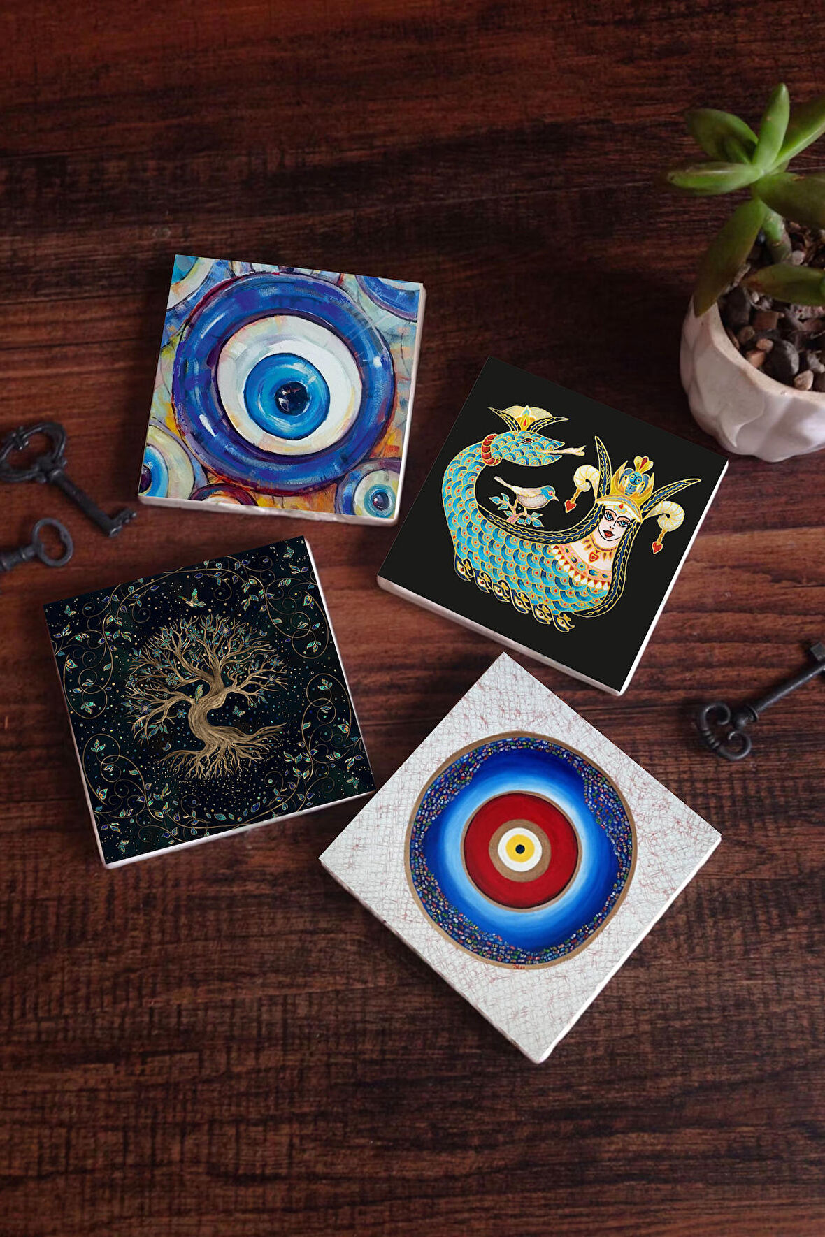 Nazar, Hayat Ağacı, Şahmeran Taş Bardak Altlığı Masaüstü Koruyucu Altlık 4 Parça Set 10x10cm Stone Coasters