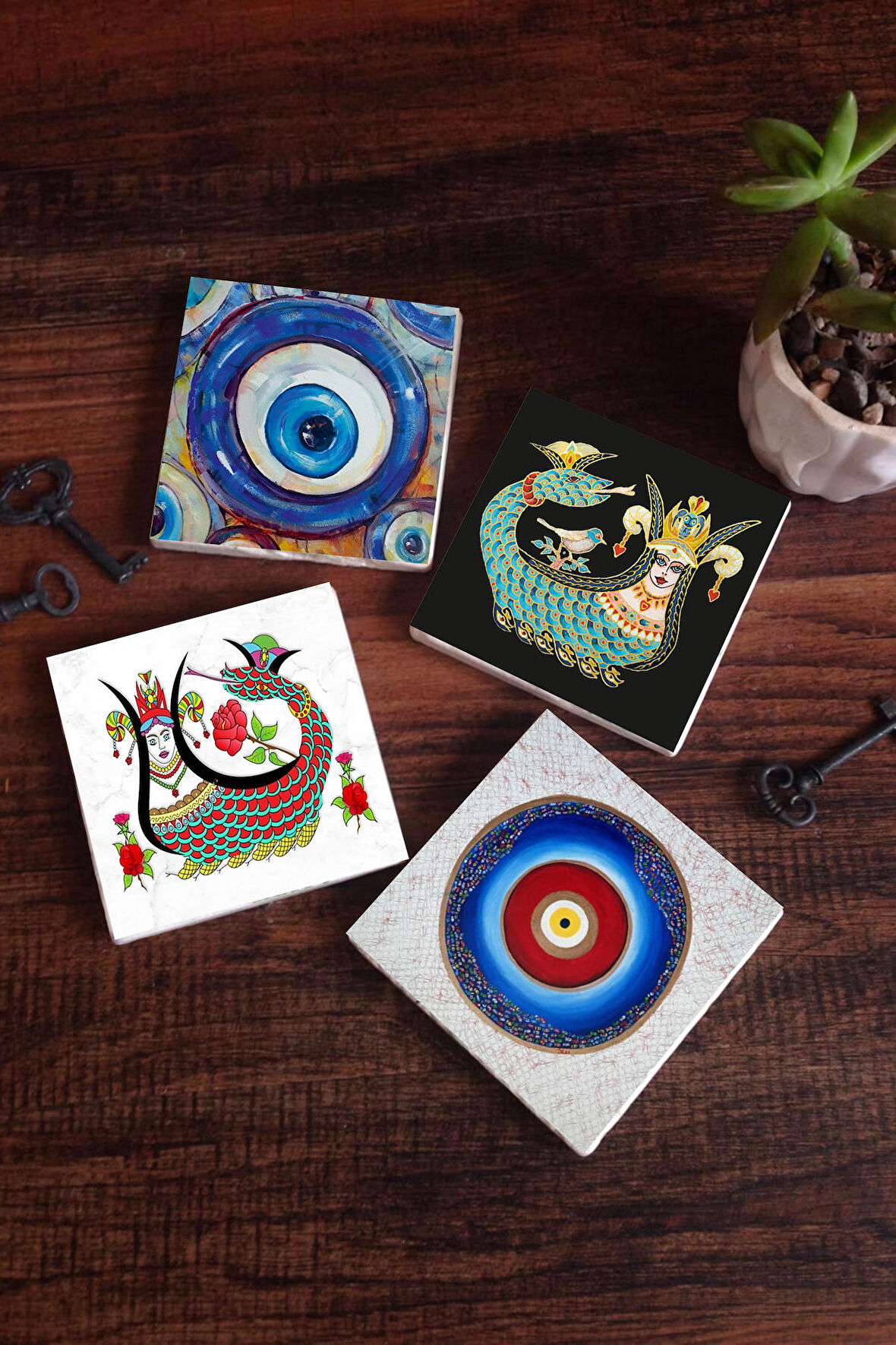 Nazar, Şahmeran Taş Bardak Altlığı Masaüstü Koruyucu Altlık 4 Parça Set 10x10cm Stone Coasters