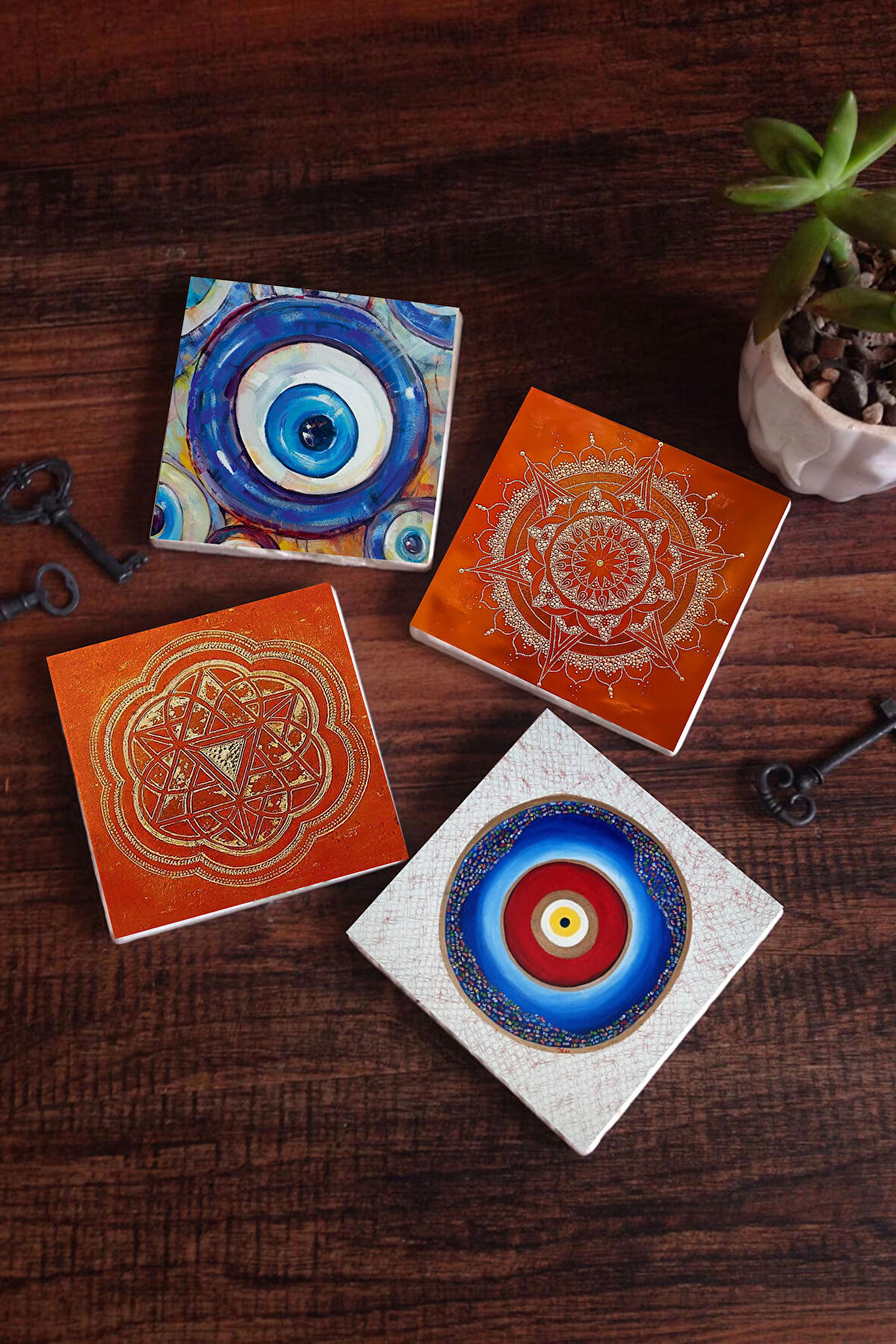 Nazar, Sri Yantra, Mandala Taş Bardak Altlığı Masaüstü Koruyucu Altlık 4 Parça Set 10x10cm Stone Coasters