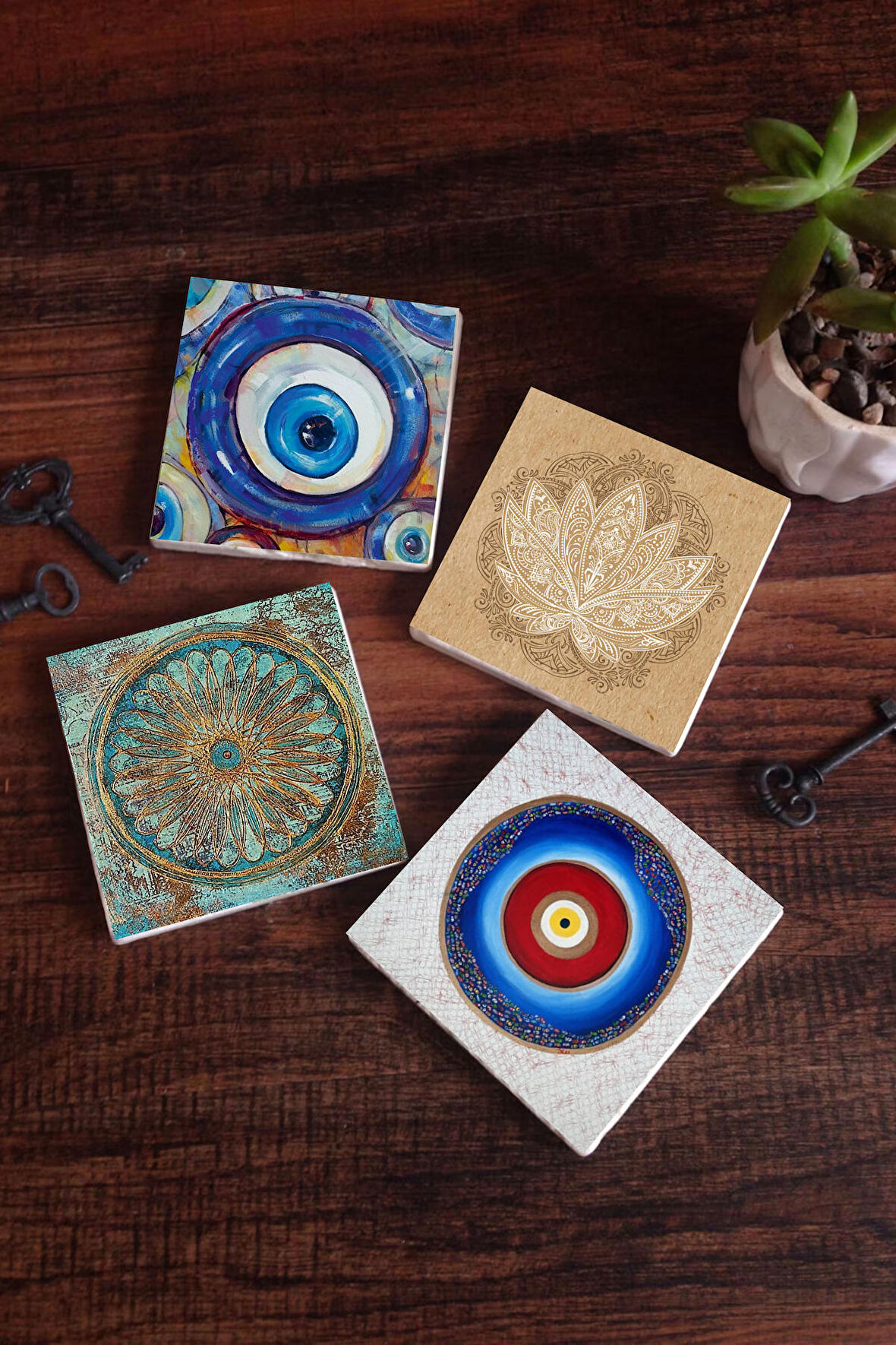Nazar, Yaşam Çiçeği, Lotus Çiçeği Taş Bardak Altlığı Masaüstü Koruyucu Altlık 4 Parça Set 10x10cm Stone Coasters