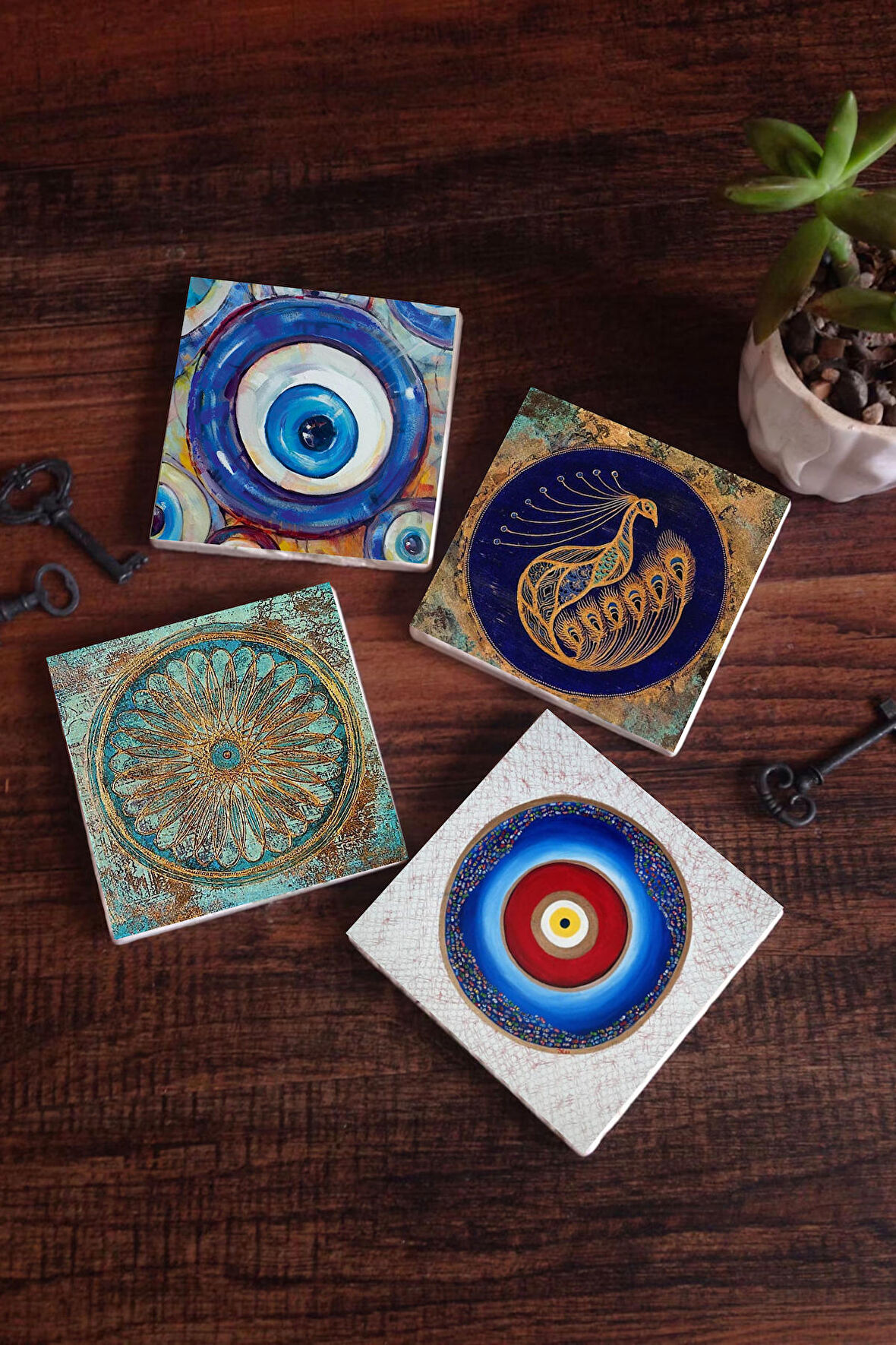 Nazar, Tavus Kuşu, Yaşam Çiçeği Taş Bardak Altlığı Masaüstü Koruyucu Altlık 4 Parça Set 10x10cm Stone Coasters