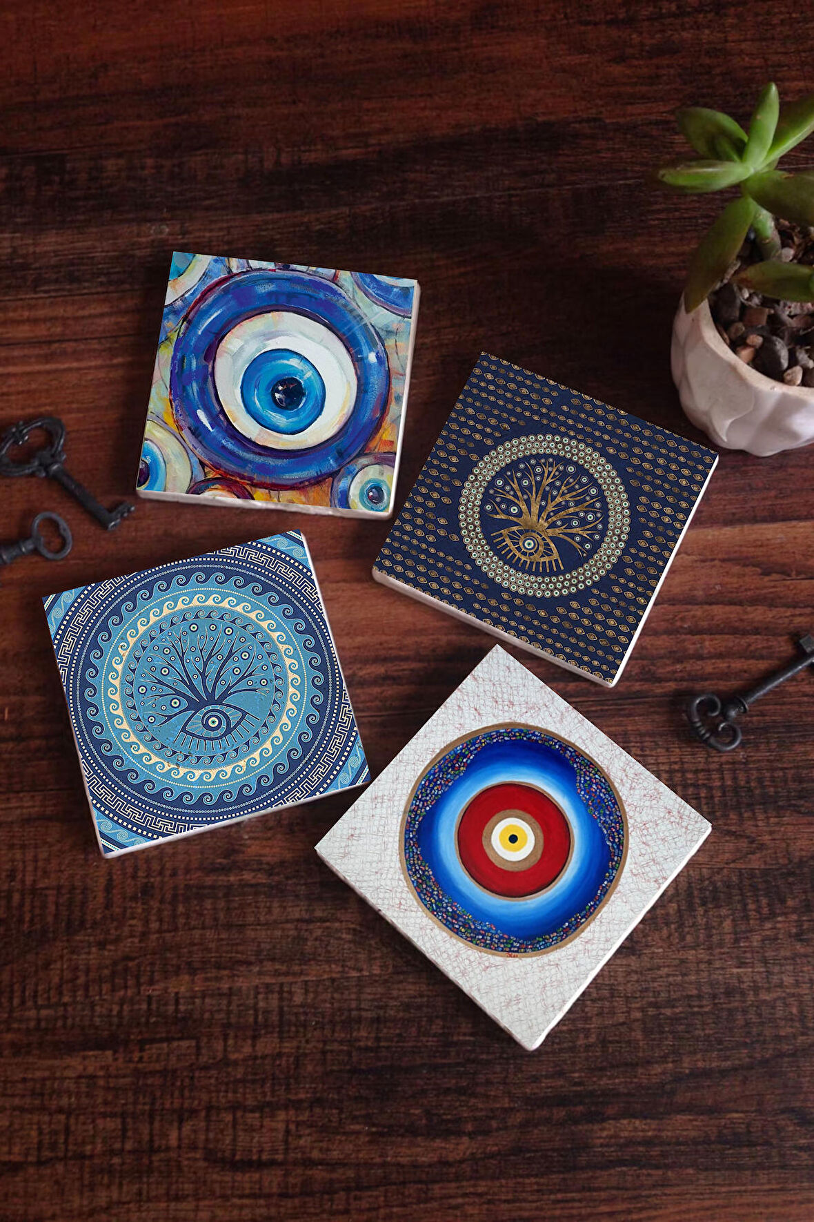 Nazar Taş Bardak Altlığı Masaüstü Koruyucu Altlık 4 Parça Set 10x10cm Stone Coasters