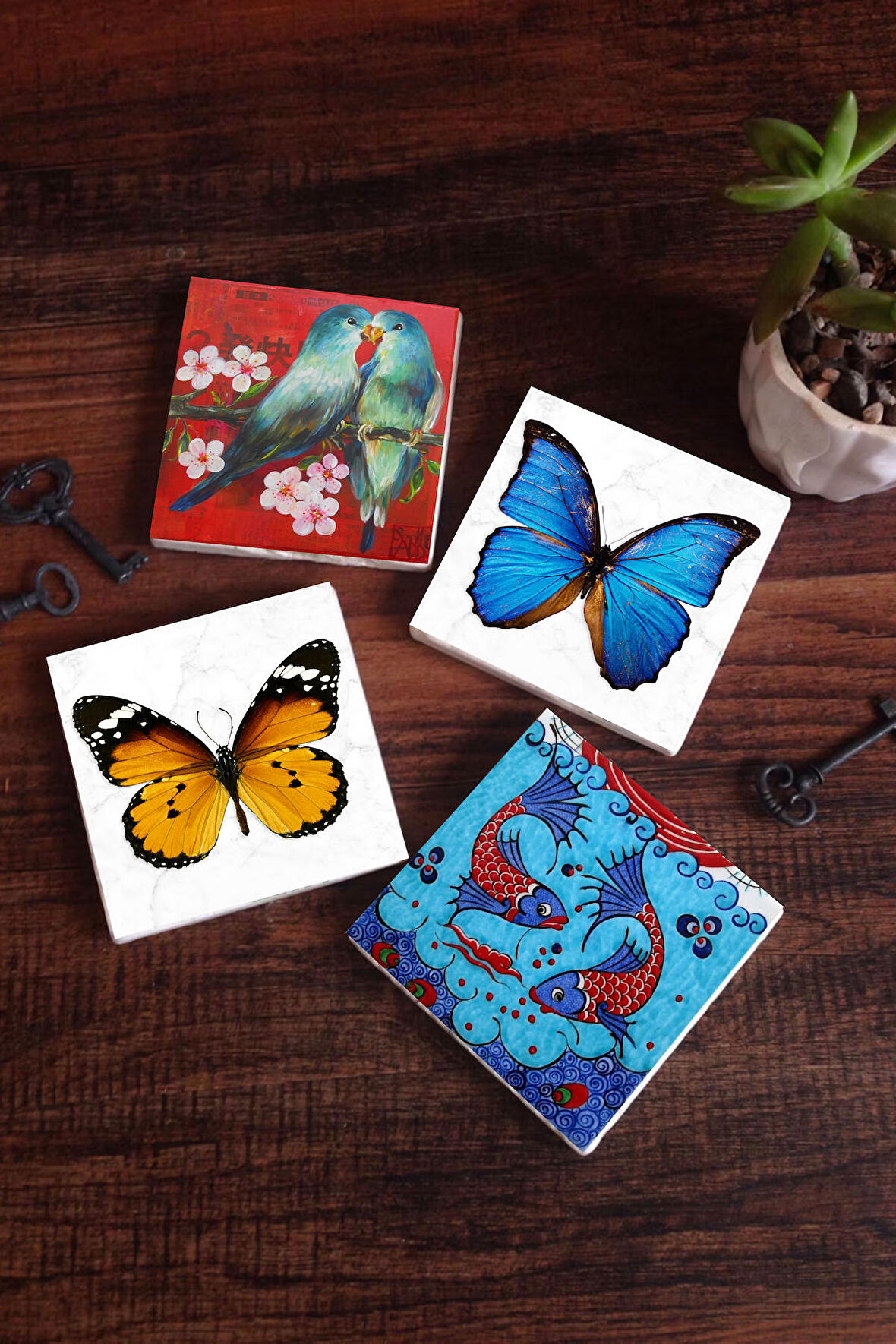 Kelebek, Kuş, Çini Sanatı Balık Taş Bardak Altlığı Masaüstü Koruyucu Altlık 4 Parça Set 10x10cm Stone Coasters