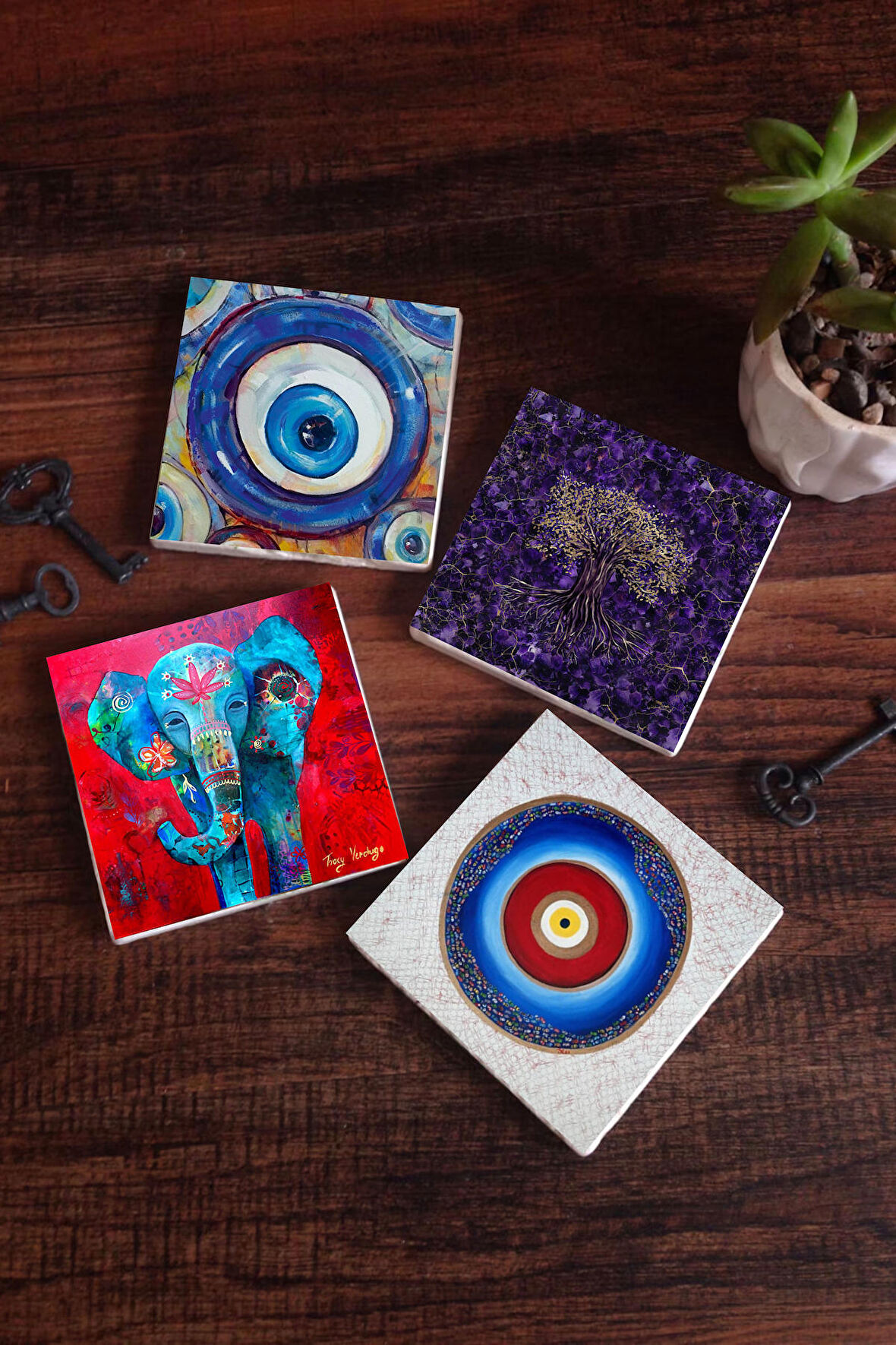 Nazar, Hayat Ağacı, Fil Taş Bardak Altlığı Masaüstü Koruyucu Altlık 4 Parça Set 10x10cm Stone Coasters