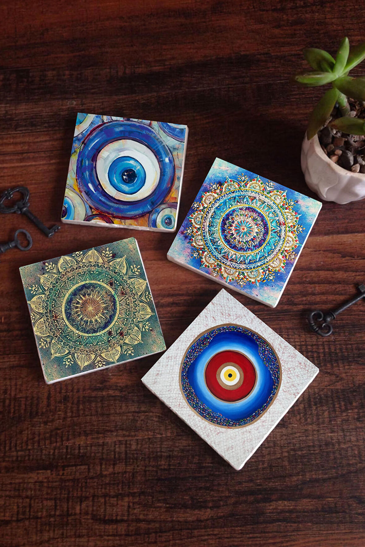 Nazar, Mandala Taş Bardak Altlığı Masaüstü Koruyucu Altlık 4 Parça Set 10x10cm Stone Coasters
