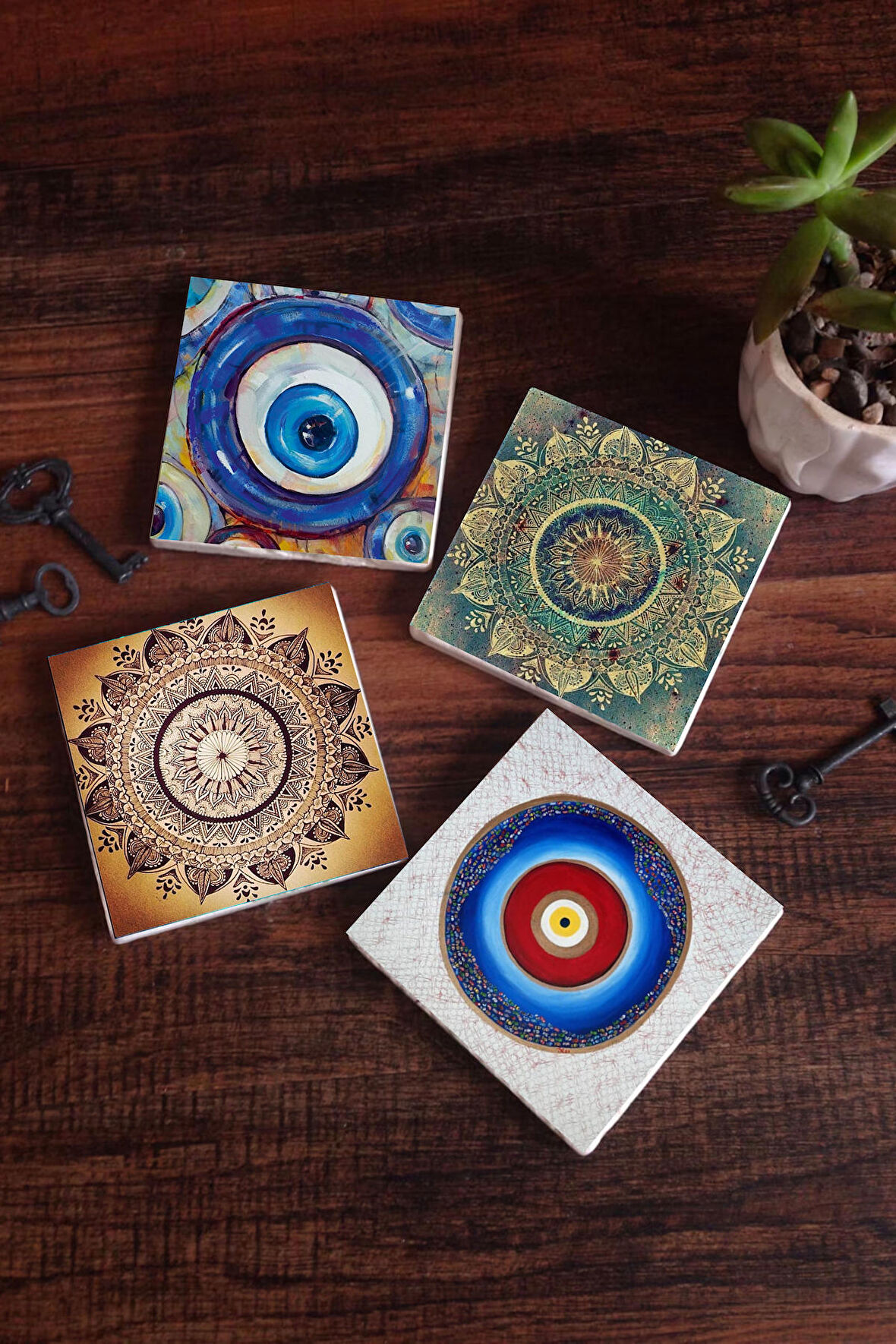 Nazar, Mandala Taş Bardak Altlığı Masaüstü Koruyucu Altlık 4 Parça Set 10x10cm Stone Coasters