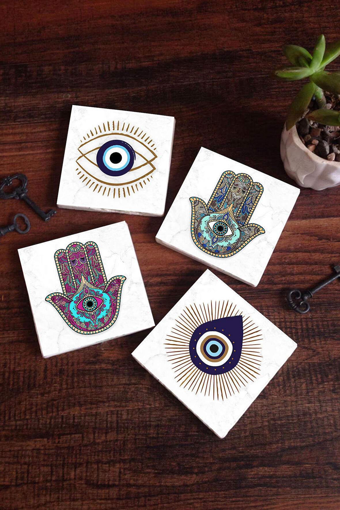 Nazar, Fatma Ana Eli (Hamsa) Taş Bardak Altlığı Masaüstü Koruyucu Altlık 4 Parça Set 10x10cm Stone Coasters