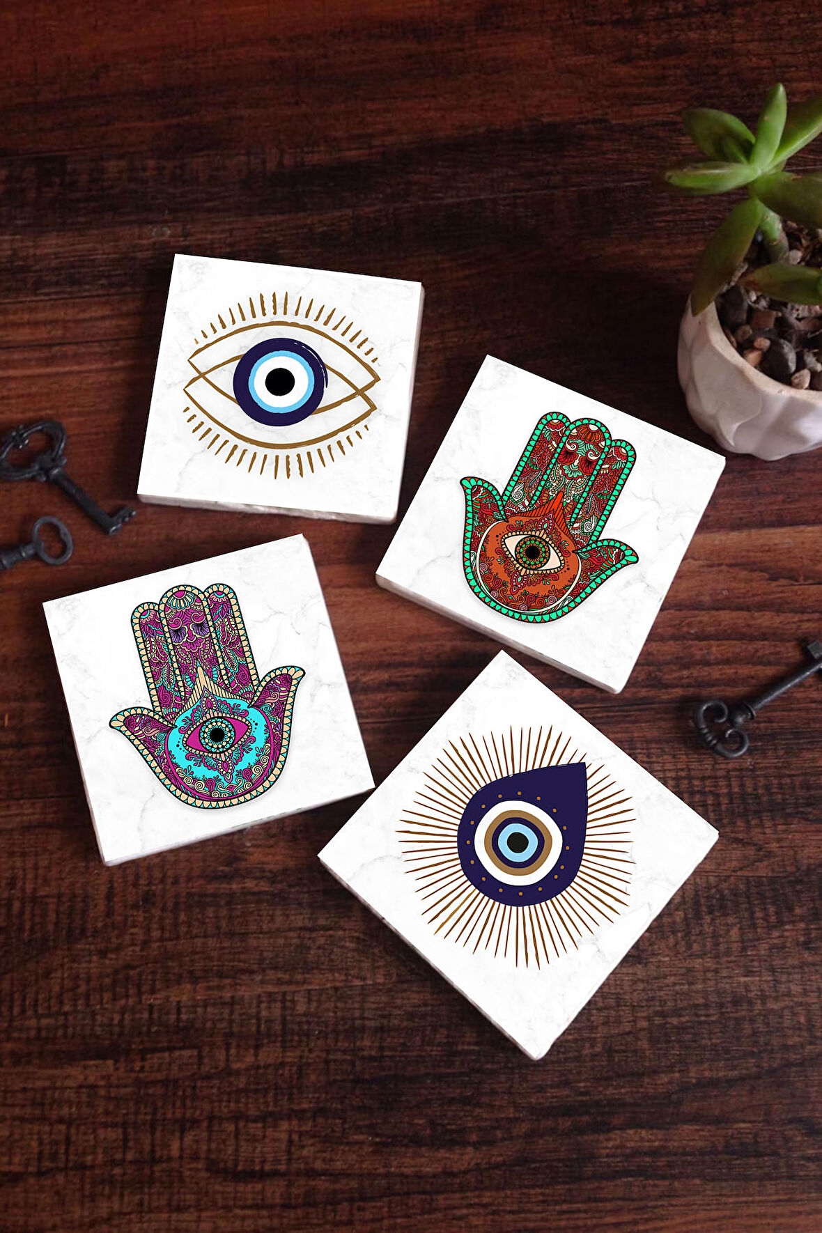 Nazar, Fatma Ana Eli (Hamsa) Taş Bardak Altlığı Masaüstü Koruyucu Altlık 4 Parça Set 10x10cm Stone Coasters