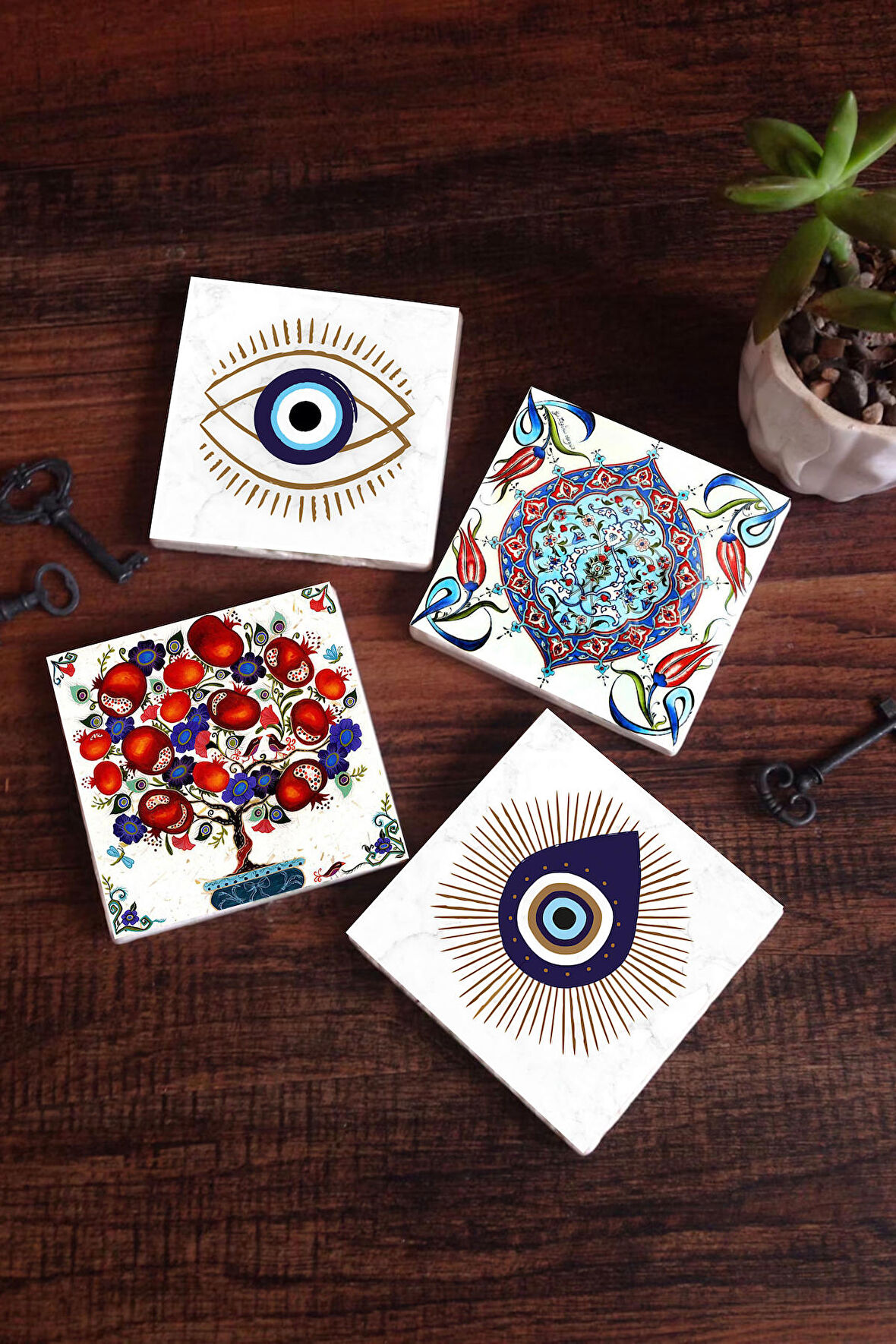 Nazar, Çini Sanatı, Nar Ağacı Taş Bardak Altlığı Masaüstü Koruyucu Altlık 4 Parça Set 10x10cm Stone Coasters