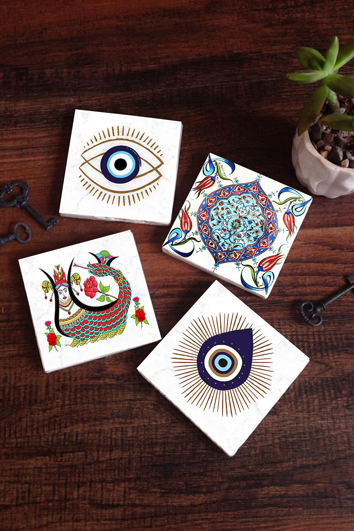 Nazar, Şahmeran, Çini Sanatı Taş Bardak Altlığı Masaüstü Koruyucu Altlık 4 Parça Set 10x10cm Stone Coasters
