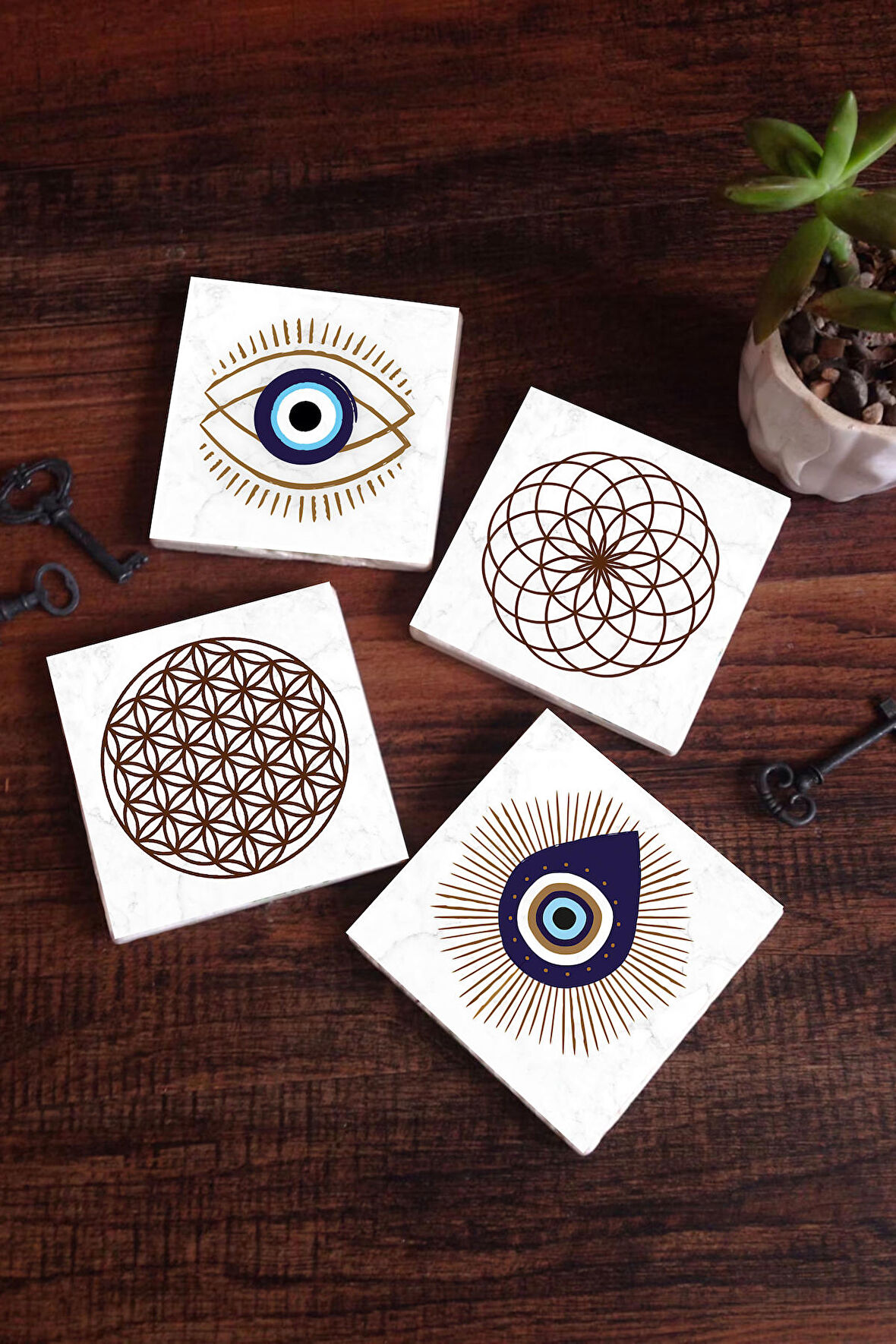 Nazar, Yaşam Çiçeği Taş Bardak Altlığı Masaüstü Koruyucu Altlık 4 Parça Set 10x10cm Stone Coasters