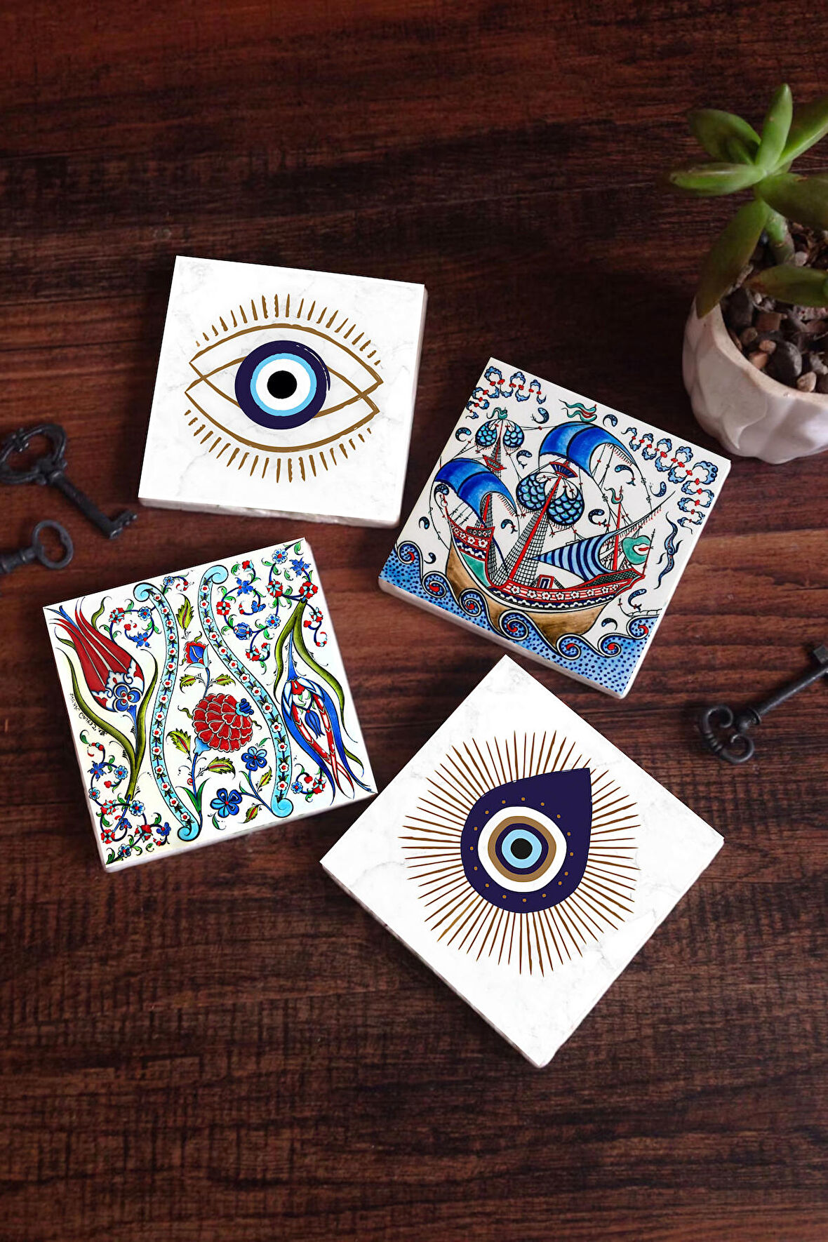 Nazar, Çini Sanatı Lale, Yelkenli Gemi Taş Bardak Altlığı Masaüstü Koruyucu Altlık 4 Parça Set 10x10cm Stone Coasters