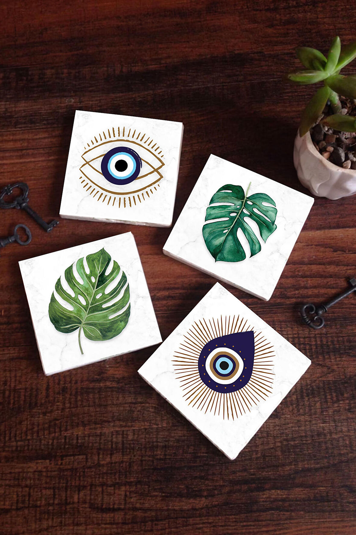 Nazar, Yaprak Taş Bardak Altlığı Masaüstü Koruyucu Altlık 4 Parça Set 10x10cm Stone Coasters