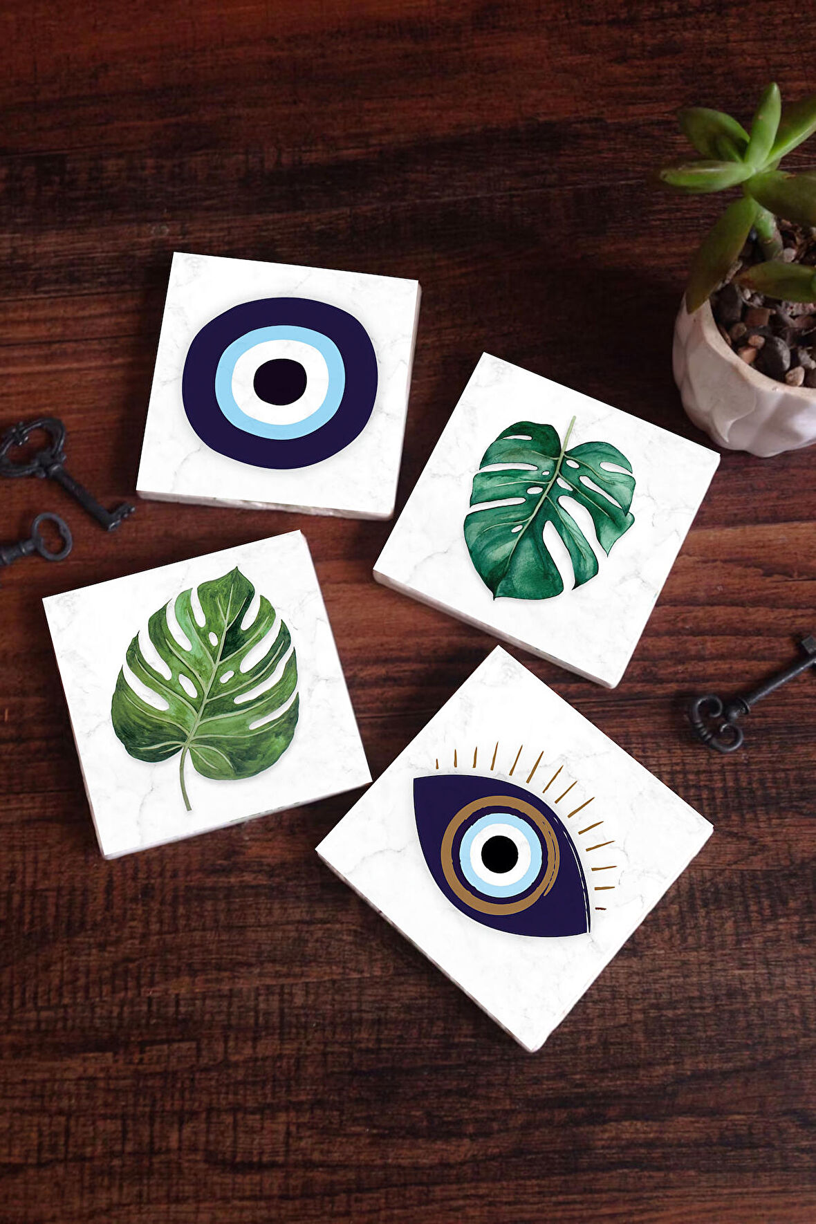 Nazar, Yaprak Taş Bardak Altlığı Masaüstü Koruyucu Altlık 4 Parça Set 10x10cm Stone Coasters