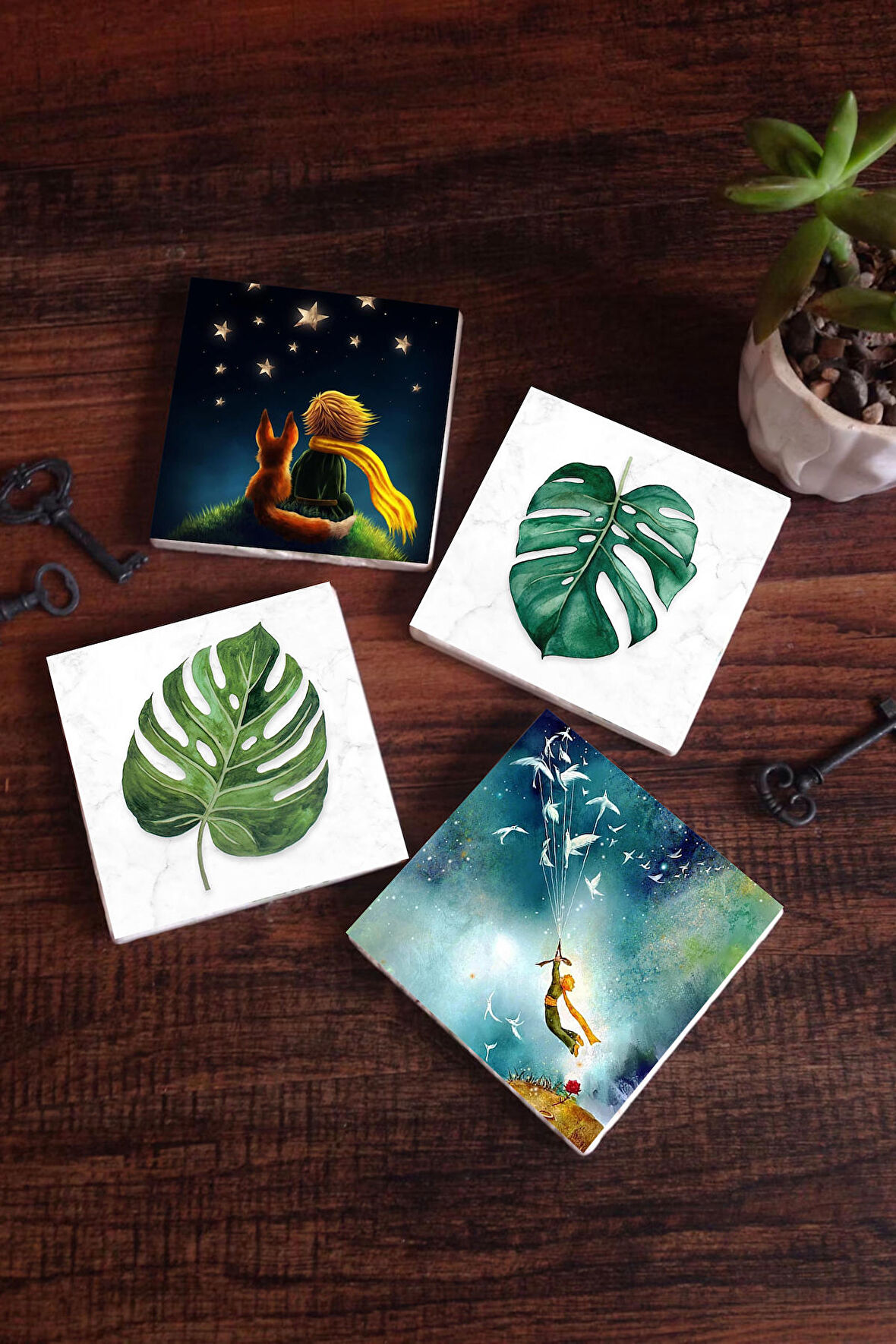 Küçük Prens, Yaprak Taş Bardak Altlığı Masaüstü Koruyucu Altlık 4 Parça Set 10x10cm Stone Coasters