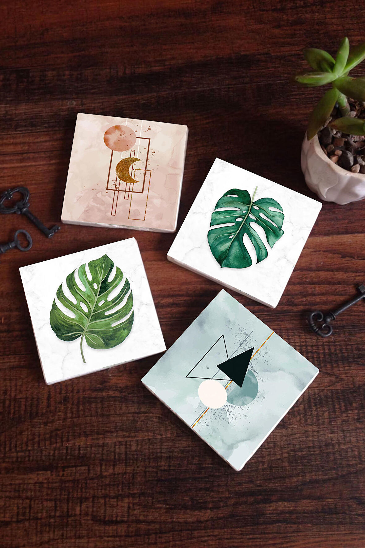 Minimalist Soyut, Yaprak Taş Bardak Altlığı Masaüstü Koruyucu Altlık 4 Parça Set 10x10cm Stone Coasters