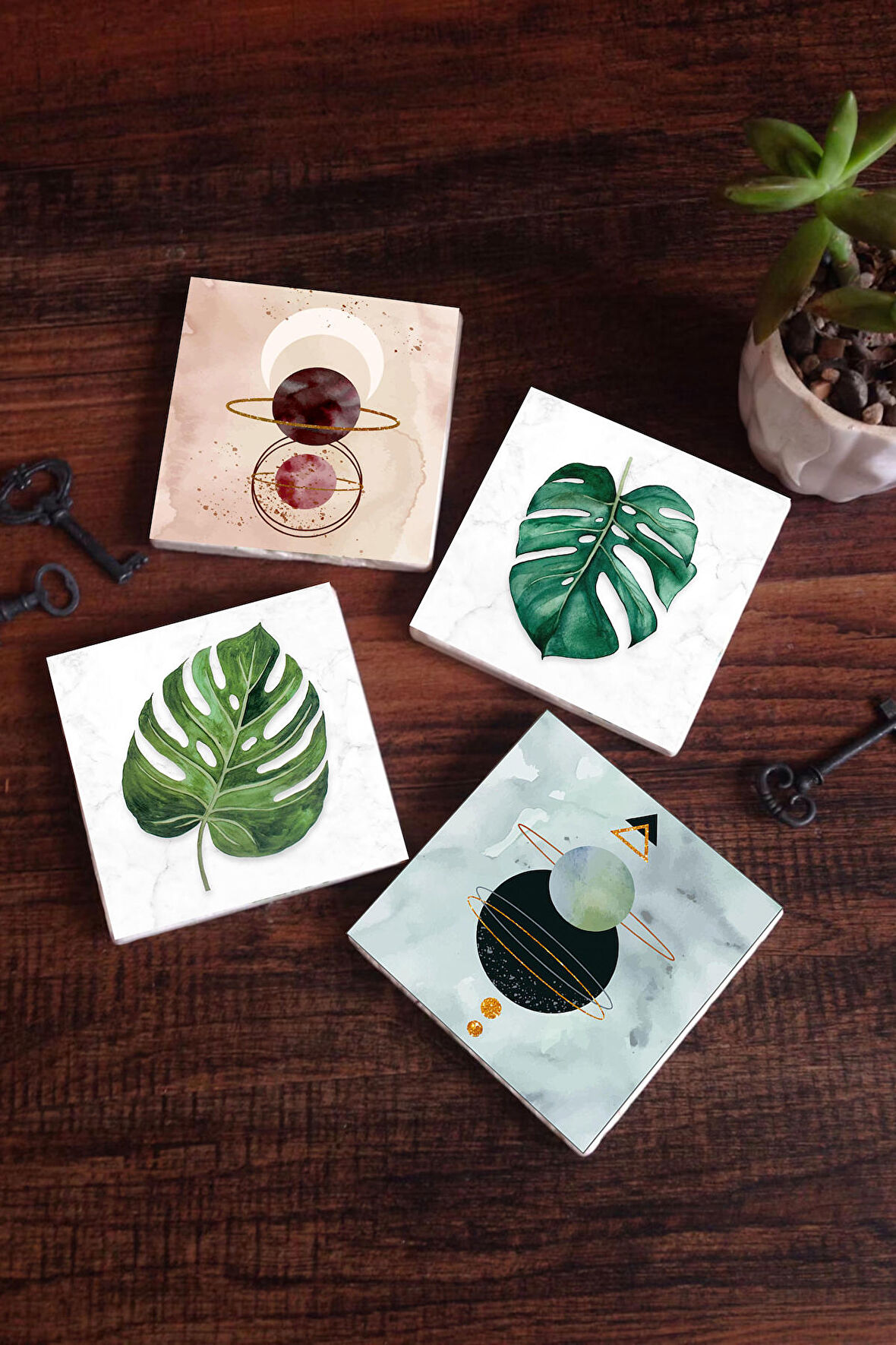 Minimalist Soyut, Yaprak Taş Bardak Altlığı Masaüstü Koruyucu Altlık 4 Parça Set 10x10cm Stone Coasters