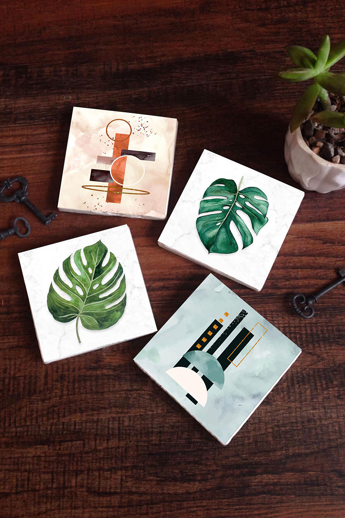 Minimalist Soyut, Yaprak Taş Bardak Altlığı Masaüstü Koruyucu Altlık 4 Parça Set 10x10cm Stone Coasters