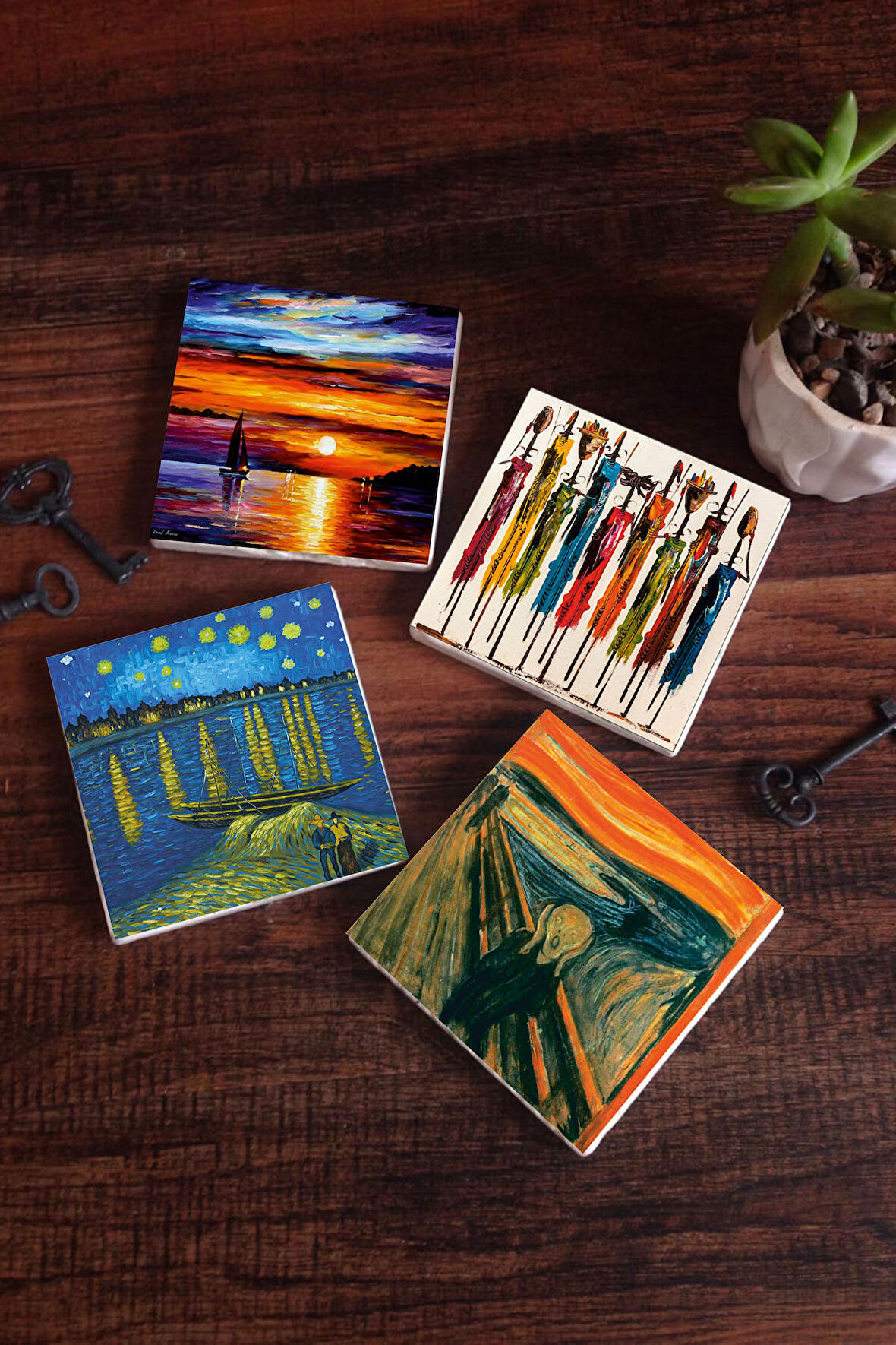 Van Gogh Ren Nehri’nde Yıldızlı Bir Gece, Çığlık, Yerli Kadınlar, Deniz Manzarası Taş Bardak Altlığı Masaüstü Koruyucu Altlık 4 Parça Set 10x10cm Stone Coasters