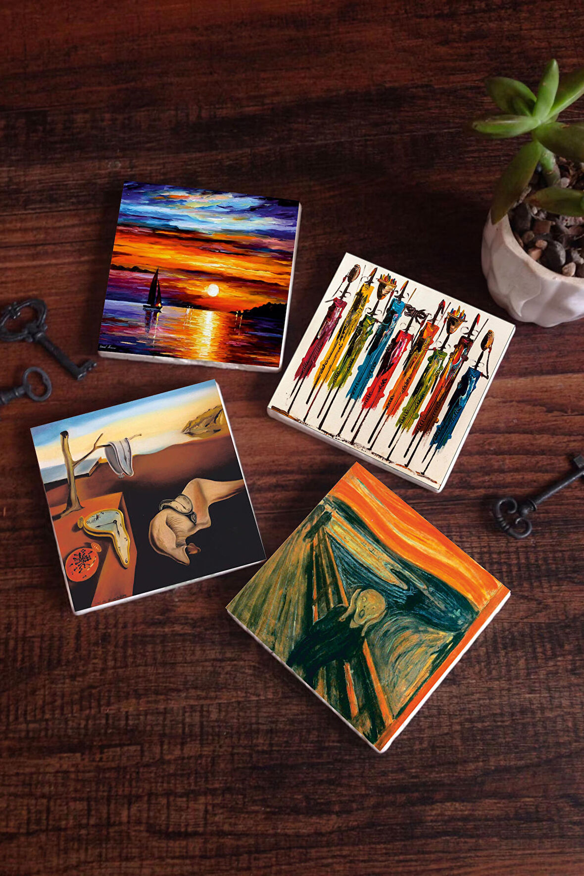 Salvador Dalí Belleğin Azmi, Çığlık, Yerli Kadınlar, Deniz Manzarası Taş Bardak Altlığı Masaüstü Koruyucu Altlık 4 Parça Set 10x10cm Stone Coasters