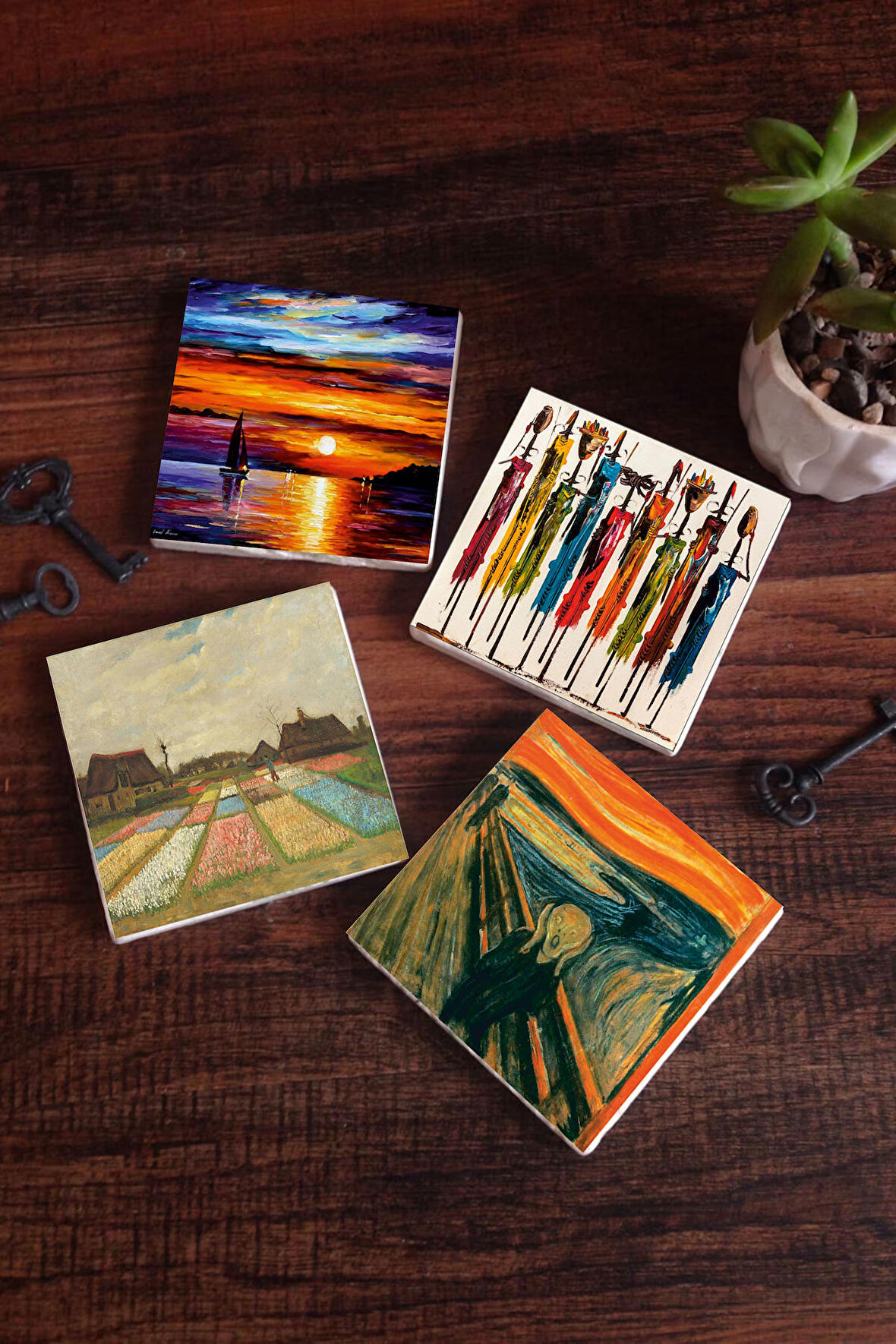 Van Gogh Hollanda'da Lale Tarlaları, Çığlık, Yerli Kadınlar, Deniz Manzarası Taş Bardak Altlığı Masaüstü Koruyucu Altlık 4 Parça Set 10x10cm Stone Coasters