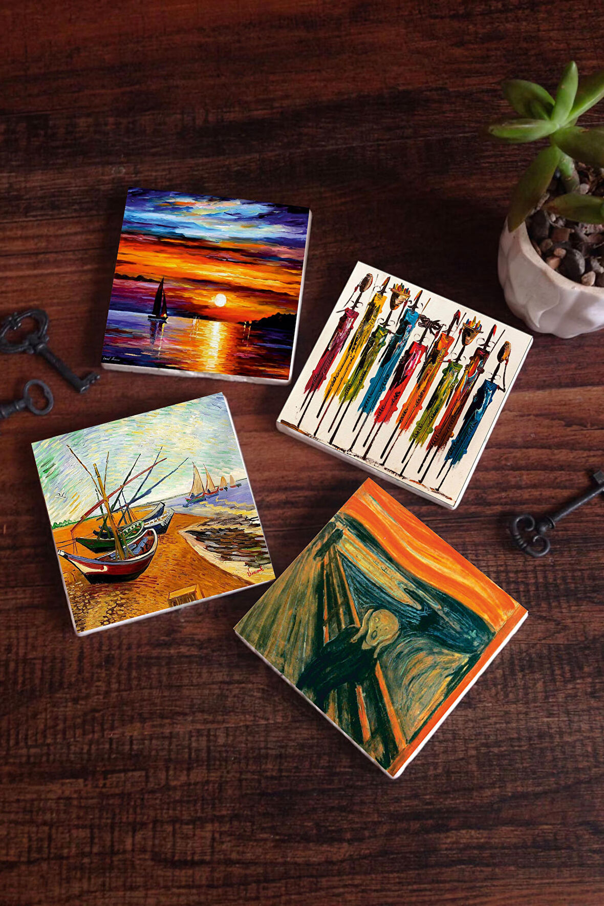 Van Gogh Balıkçı Tekneleri, Çığlık, Yerli Kadınlar, Deniz Manzarası Taş Bardak Altlığı Masaüstü Koruyucu Altlık 4 Parça Set 10x10cm Stone Coasters