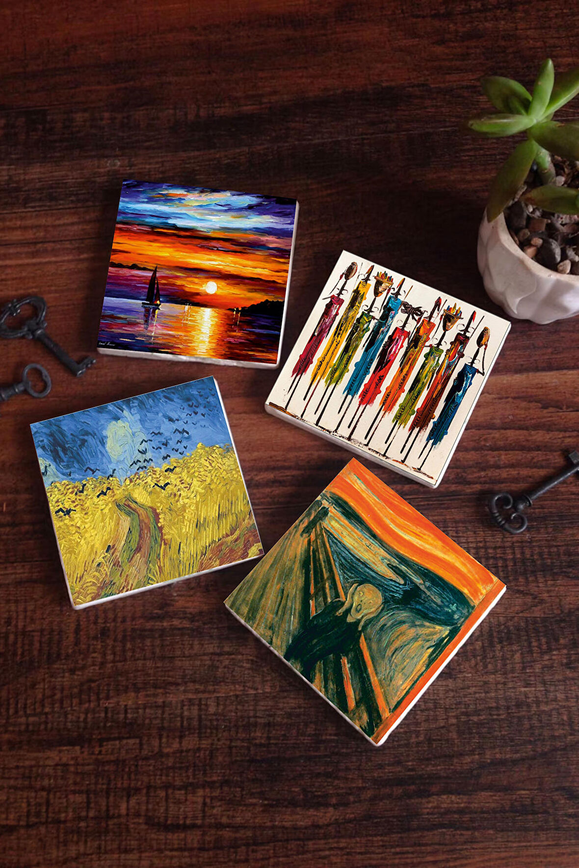 Van Gogh Buğday Tarlası ve Kargalar, Çığlık, Yerli Kadınlar, Deniz Manzarası Taş Bardak Altlığı Masaüstü Koruyucu Altlık 4 Parça Set 10x10cm Stone Coasters