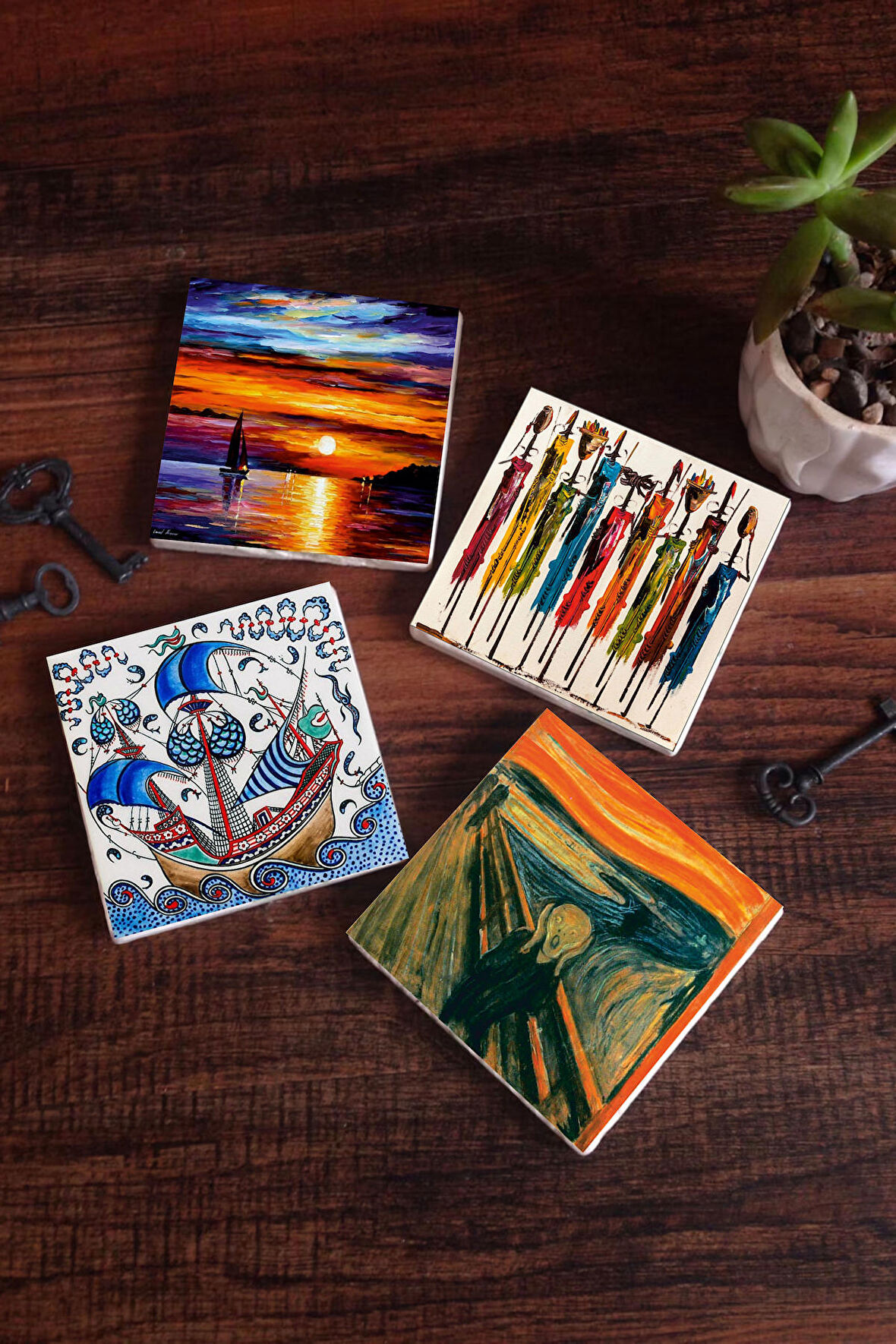 Çini Sanatı Yelkenli Gemi, Çığlık, Yerli Kadınlar, Deniz Manzarası Taş Bardak Altlığı Masaüstü Koruyucu Altlık 4 Parça Set 10x10cm Stone Coasters