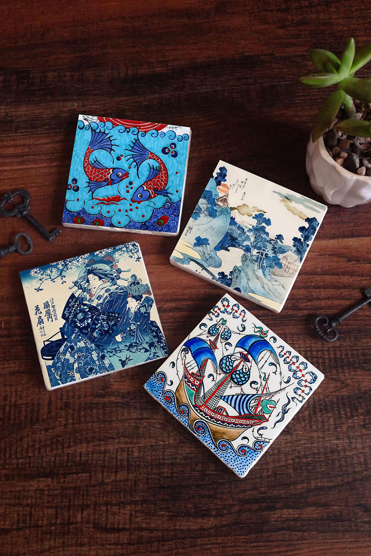 Japon Sanatı, Fuji Dağı, Çini Sanatı Balık, Yelkenli Gemi Taş Bardak Altlığı Masaüstü Koruyucu Altlık 4 Parça Set 10x10cm Stone Coasters
