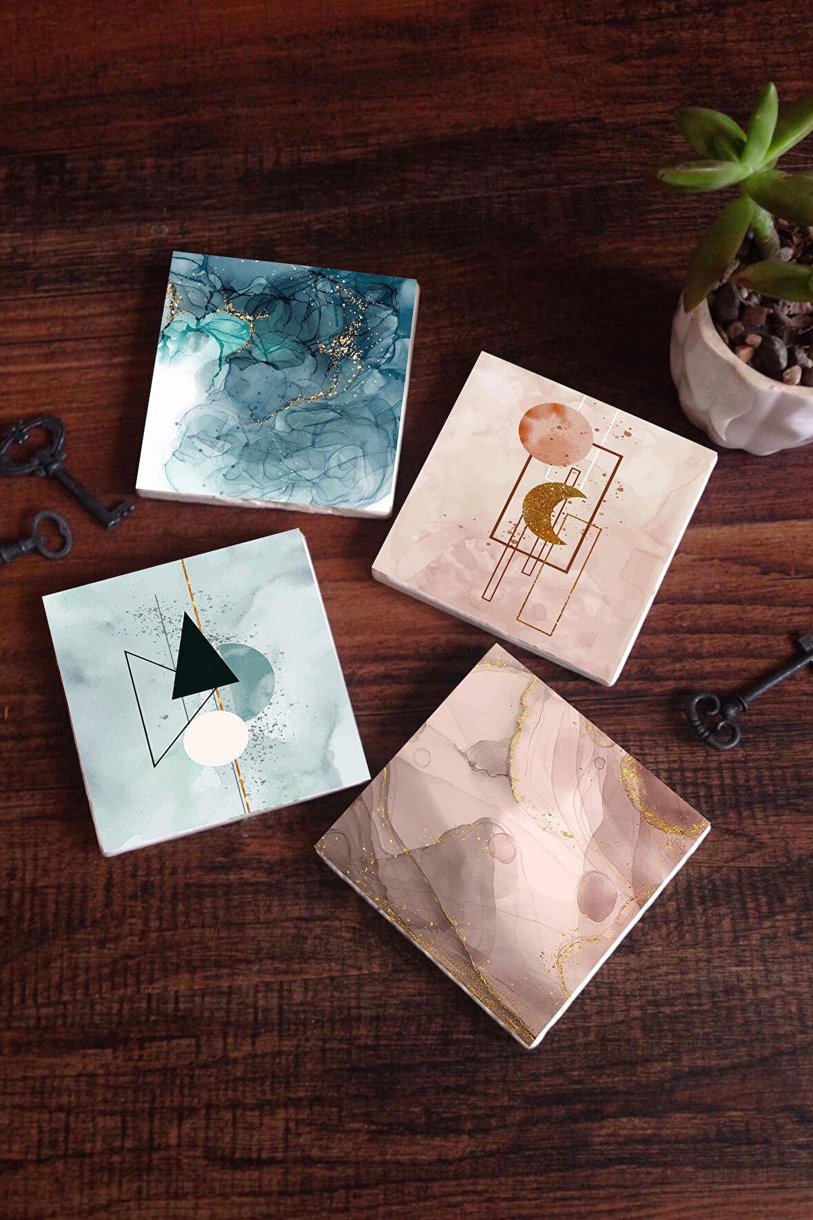 Minimalist, Soyut Sanat Taş Bardak Altlığı Masaüstü Koruyucu Altlık 4 Parça Set 10x10cm Stone Coasters