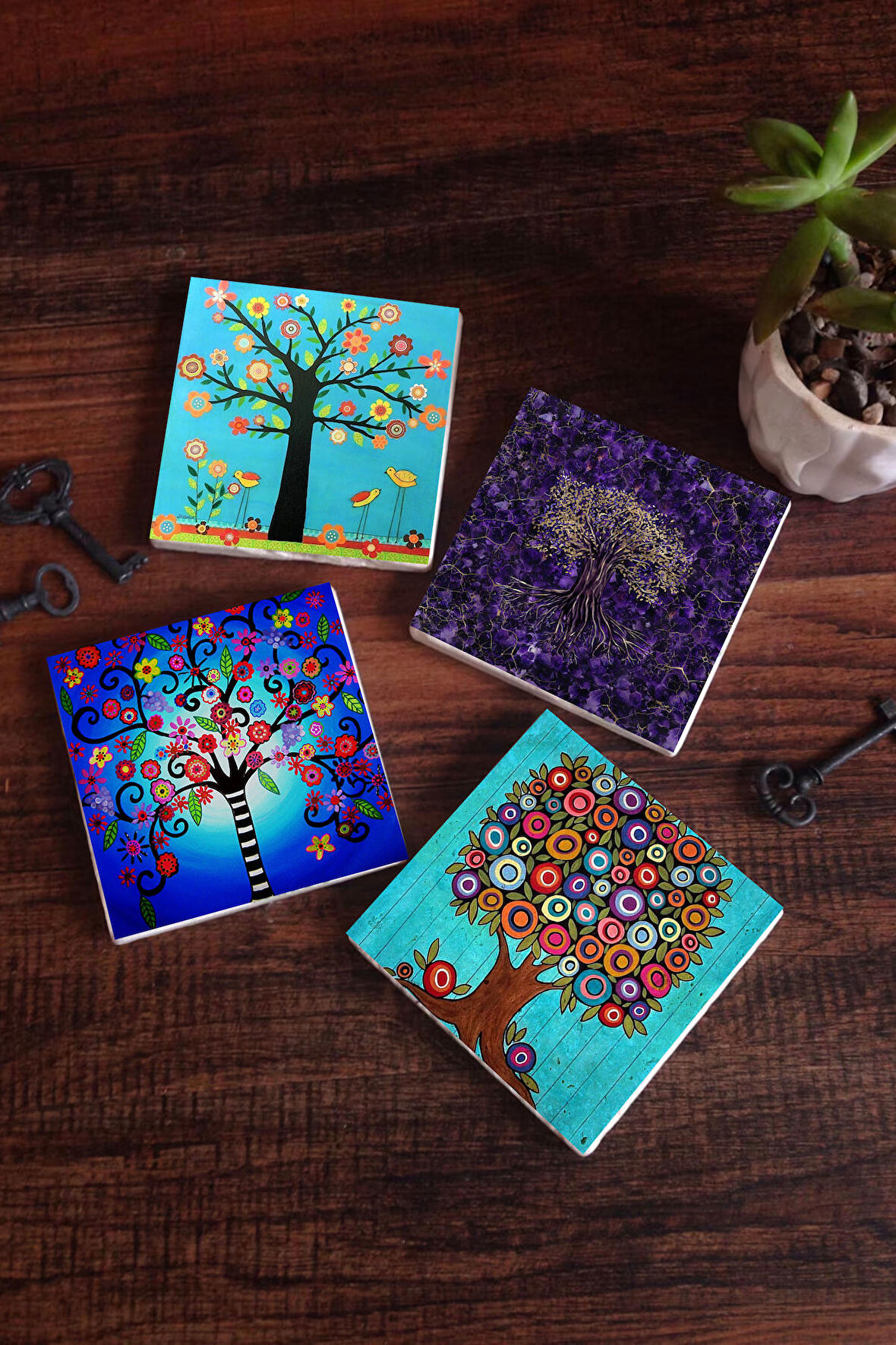 Hayat Ağacı Taş Bardak Altlığı Masaüstü Koruyucu Altlık 4 Parça Set 10x10cm Stone Coasters