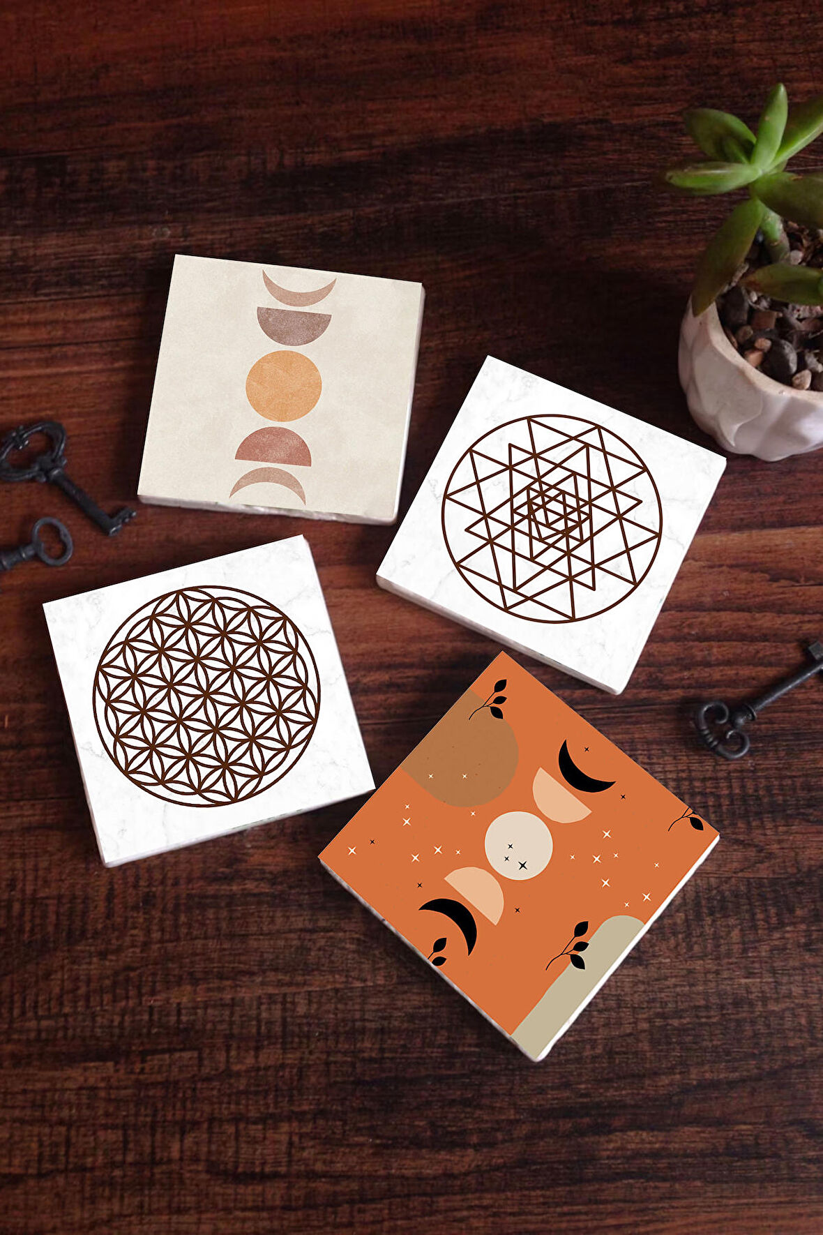 Bohem, Minimalist Soyut, Yaşam Çiçeği, Sri Yantra Taş Bardak Altlığı Masaüstü Koruyucu Altlık 4 Parça Set 10x10cm Stone Coasters