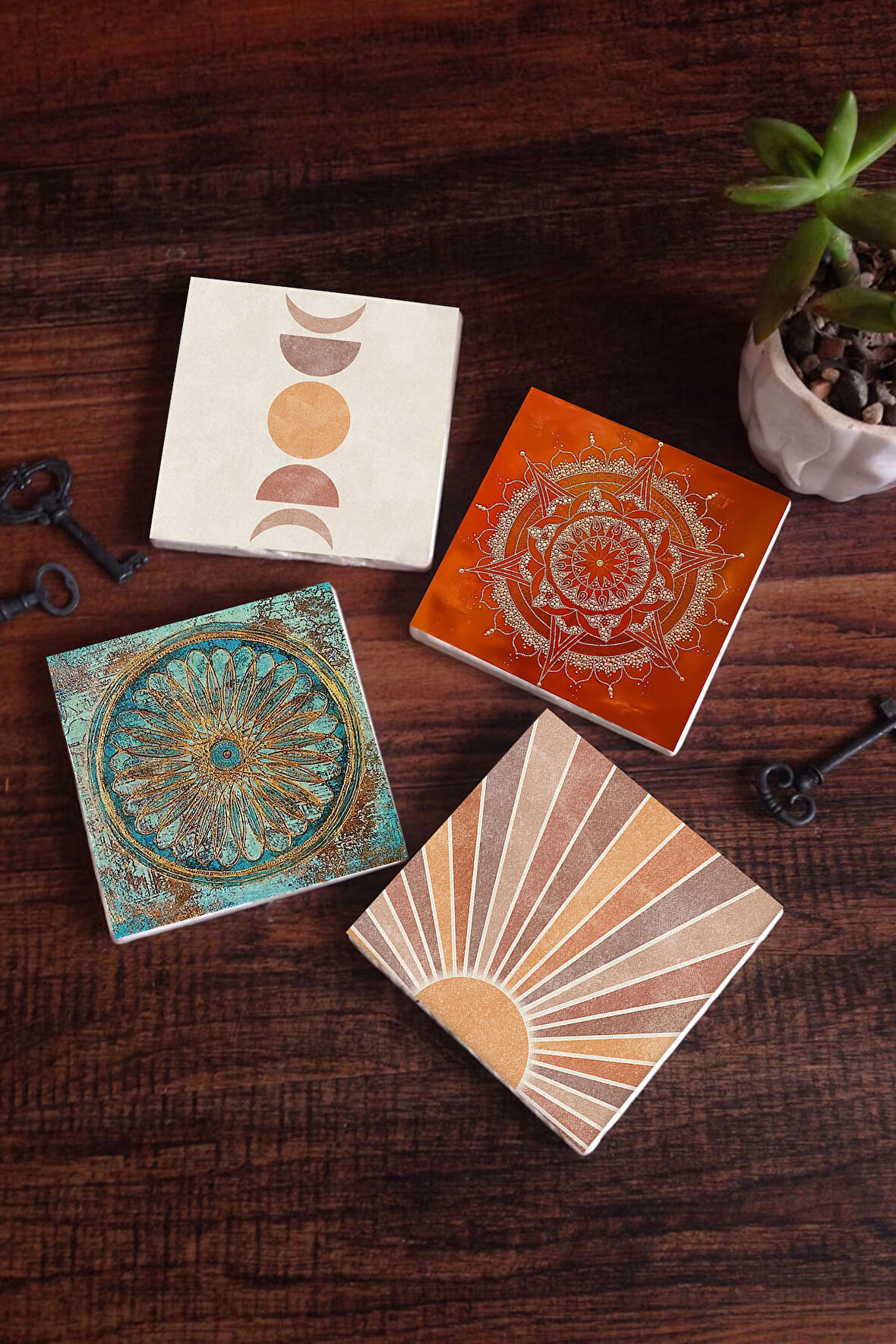 Minimalist Soyut, Yaşam Çiçeği, Mandala Taş Bardak Altlığı Masaüstü Koruyucu Altlık 4 Parça Set 10x10cm Stone Coasters