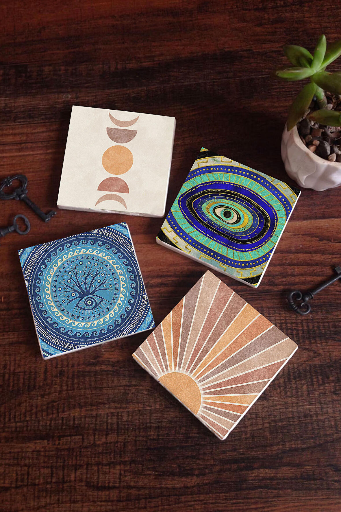 Minimalist Soyut, Nazar Taş Bardak Altlığı Masaüstü Koruyucu Altlık 4 Parça Set 10x10cm Stone Coasters