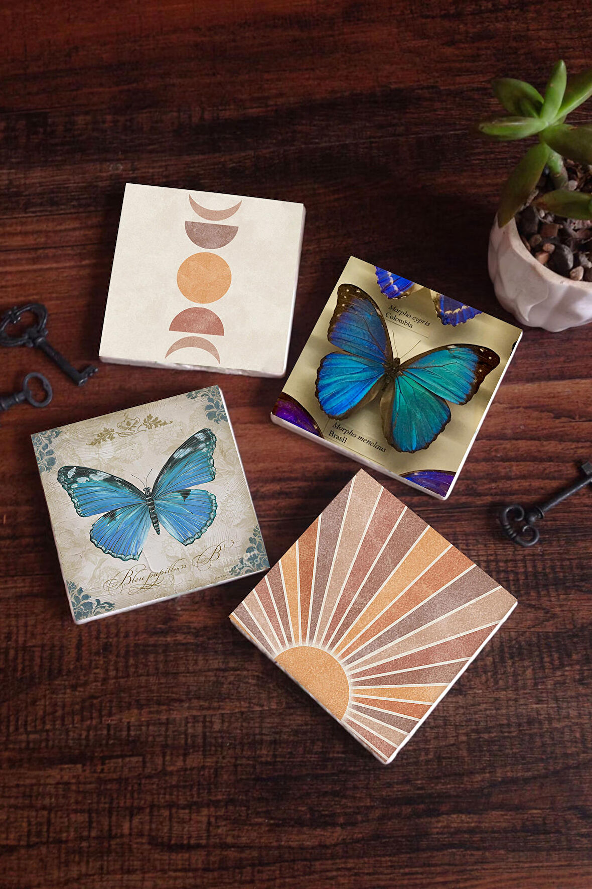 Minimalist Soyut, Kelebek Taş Bardak Altlığı Masaüstü Koruyucu Altlık 4 Parça Set 10x10cm Stone Coasters