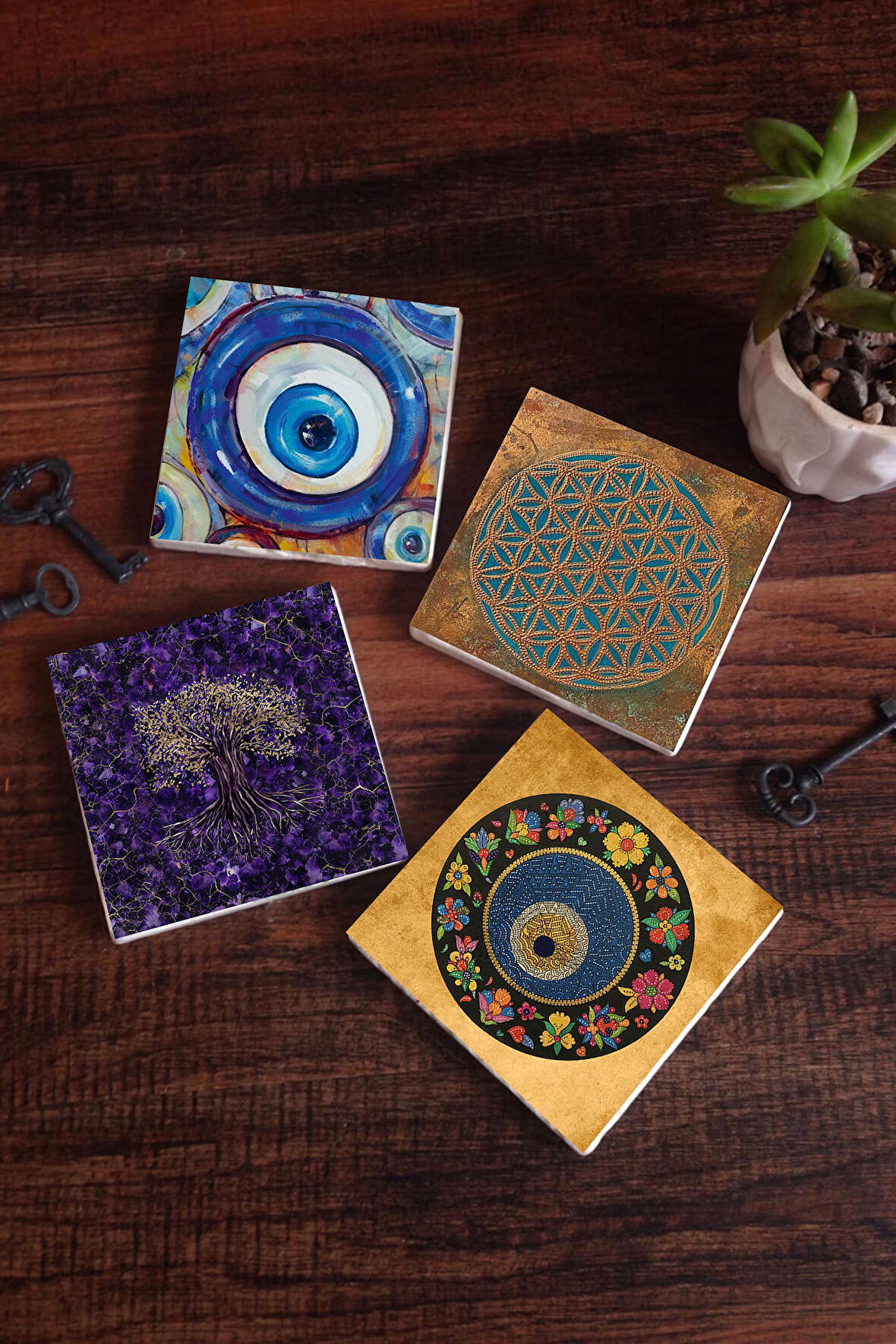 Nazar, Yaşam Çiçeği, Hayat Ağacı Taş Bardak Altlığı Masaüstü Koruyucu Altlık 4 Parça Set 10x10cm Stone Coasters