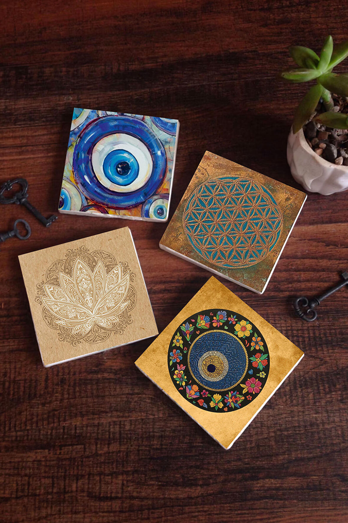 Nazar, Yaşam Çiçeği, Lotus Çiçeği Taş Bardak Altlığı Masaüstü Koruyucu Altlık 4 Parça Set 10x10cm Stone Coasters