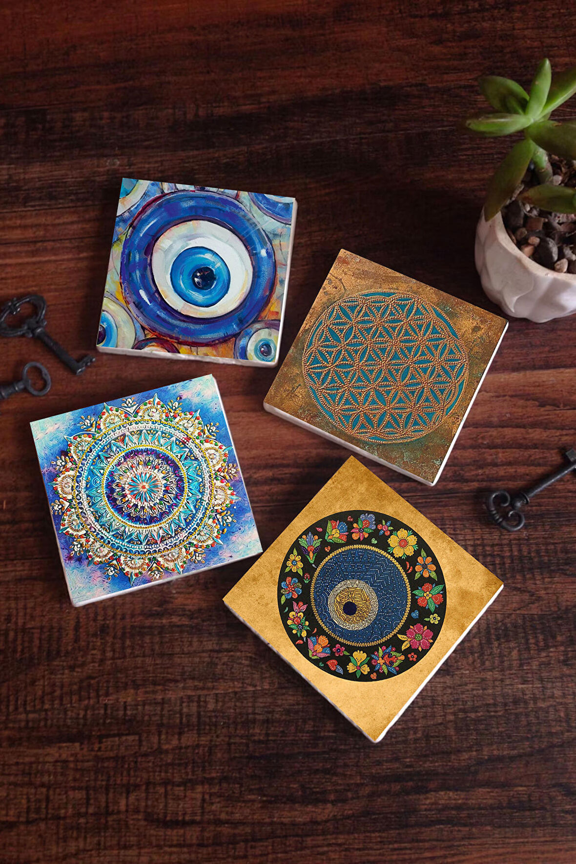 Nazar, Yaşam Çiçeği, Mandala Taş Bardak Altlığı Masaüstü Koruyucu Altlık 4 Parça Set 10x10cm Stone Coasters