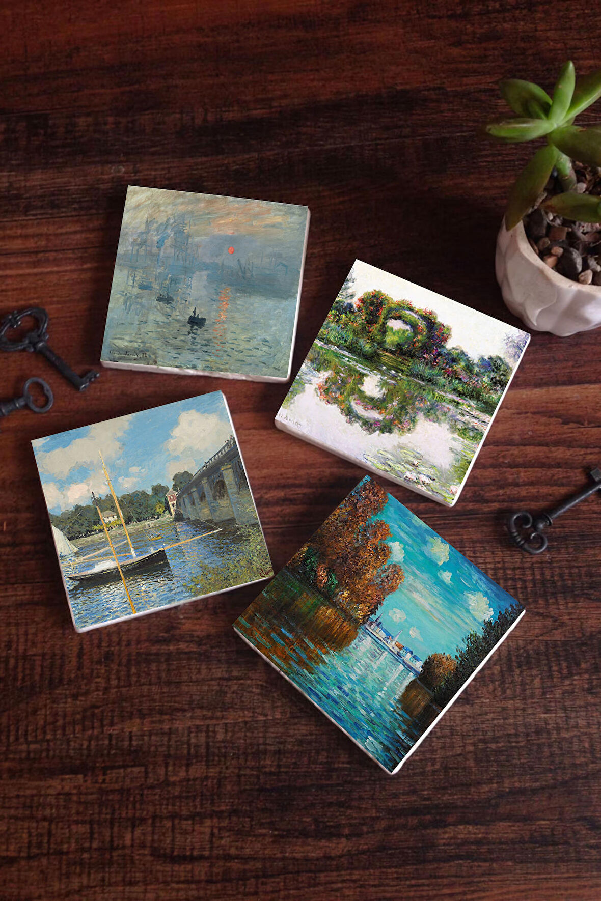 Claude Monet Sonbahar, Gül Çiçekli Kemer, Argenteuil'de Köprü, İzlenim Gün Doğumu Taş Bardak Altlığı Masaüstü Koruyucu Altlık 4 Parça Set 10x10cm Stone Coasters