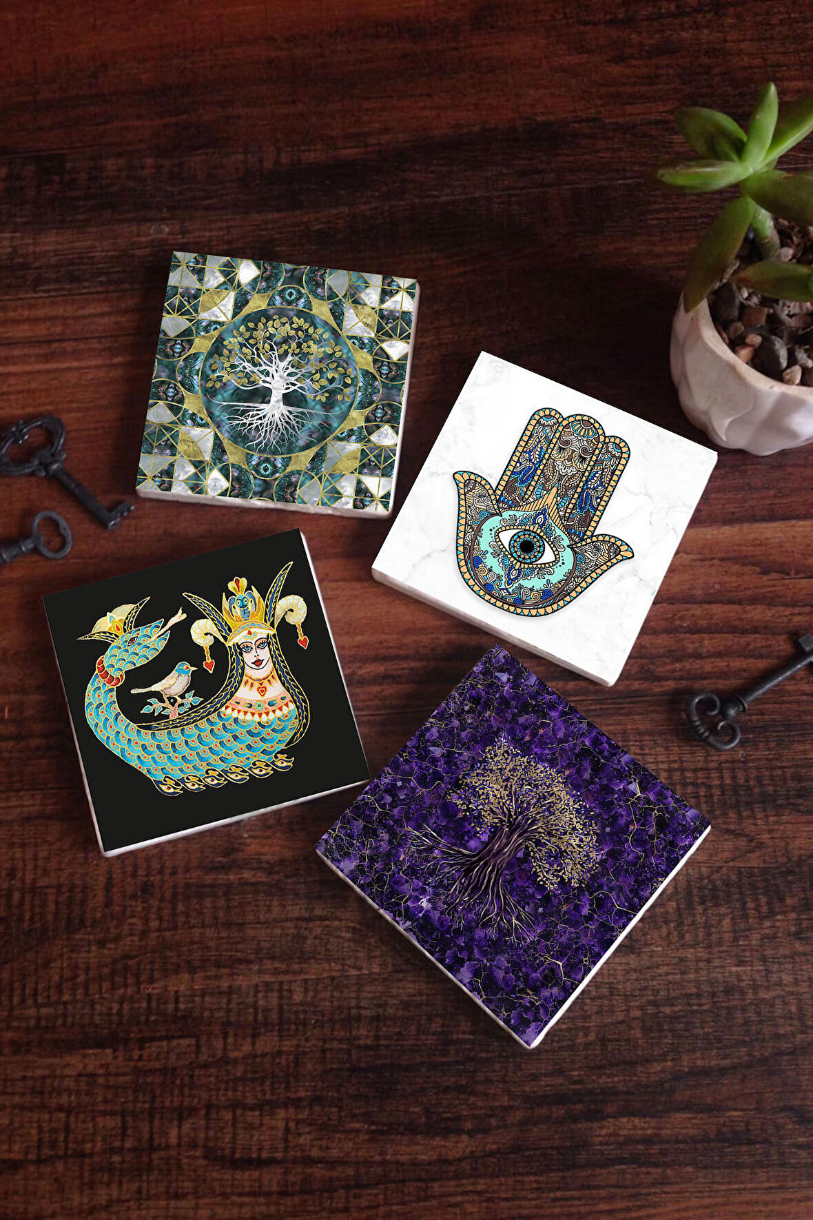 Hayat Ağacı, Şahmeran, Fatma Ana Eli (Hamsa) Taş Bardak Altlığı Masaüstü Koruyucu Altlık 4 Parça Set 10x10cm Stone Coasters