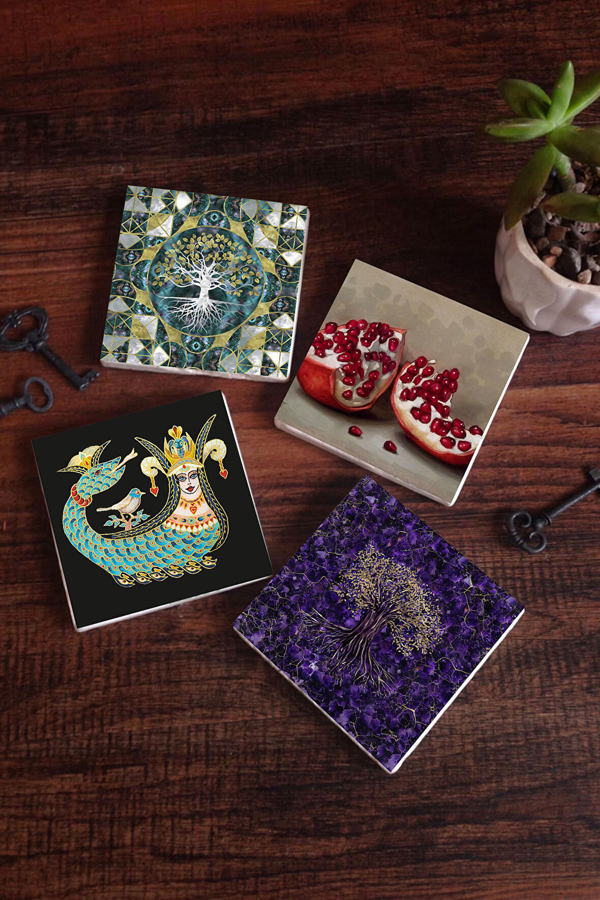 Hayat Ağacı, Şahmeran, Nar Taş Bardak Altlığı Masaüstü Koruyucu Altlık 4 Parça Set 10x10cm Stone Coasters