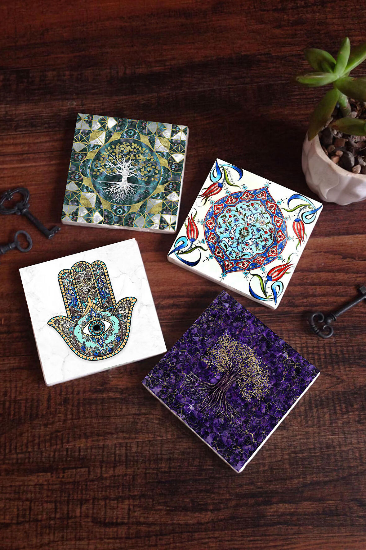 Hayat Ağacı, Çini Sanatı, Fatma Ana Eli (Hamsa) Taş Bardak Altlığı Masaüstü Koruyucu Altlık 4 Parça Set 10x10cm Stone Coasters