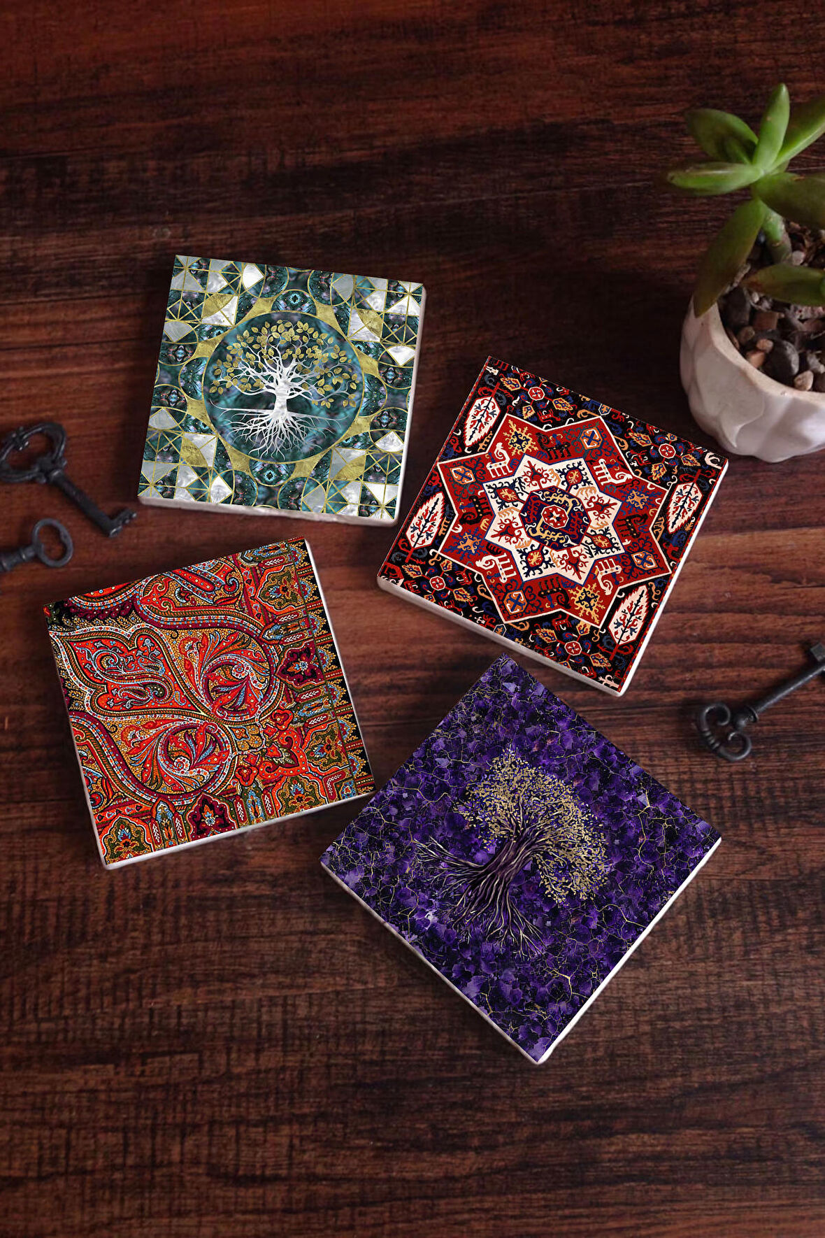 Hayat Ağacı, Desen Taş Bardak Altlığı Masaüstü Koruyucu Altlık 4 Parça Set 10x10cm Stone Coasters