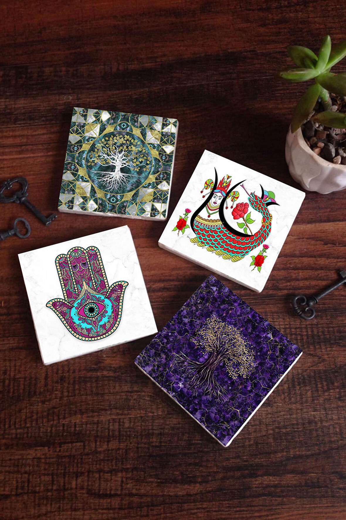 Hayat Ağacı, Fatma Ana Eli (Hamsa), Şahmeran Taş Bardak Altlığı Masaüstü Koruyucu Altlık 4 Parça Set 10x10cm Stone Coasters