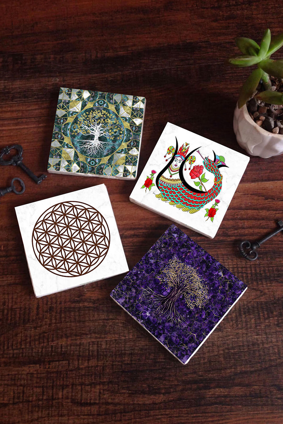 Hayat Ağacı, Yaşam Çiçeği, Şahmeran Taş Bardak Altlığı Masaüstü Koruyucu Altlık 4 Parça Set 10x10cm Stone Coasters