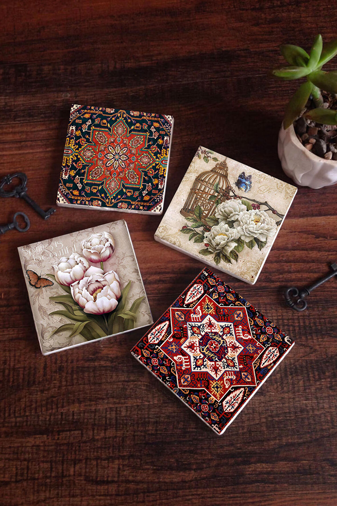 Desen, Kelebekli Çiçek Taş Bardak Altlığı Masaüstü Koruyucu Altlık 4 Parça Set 10x10cm Stone Coasters