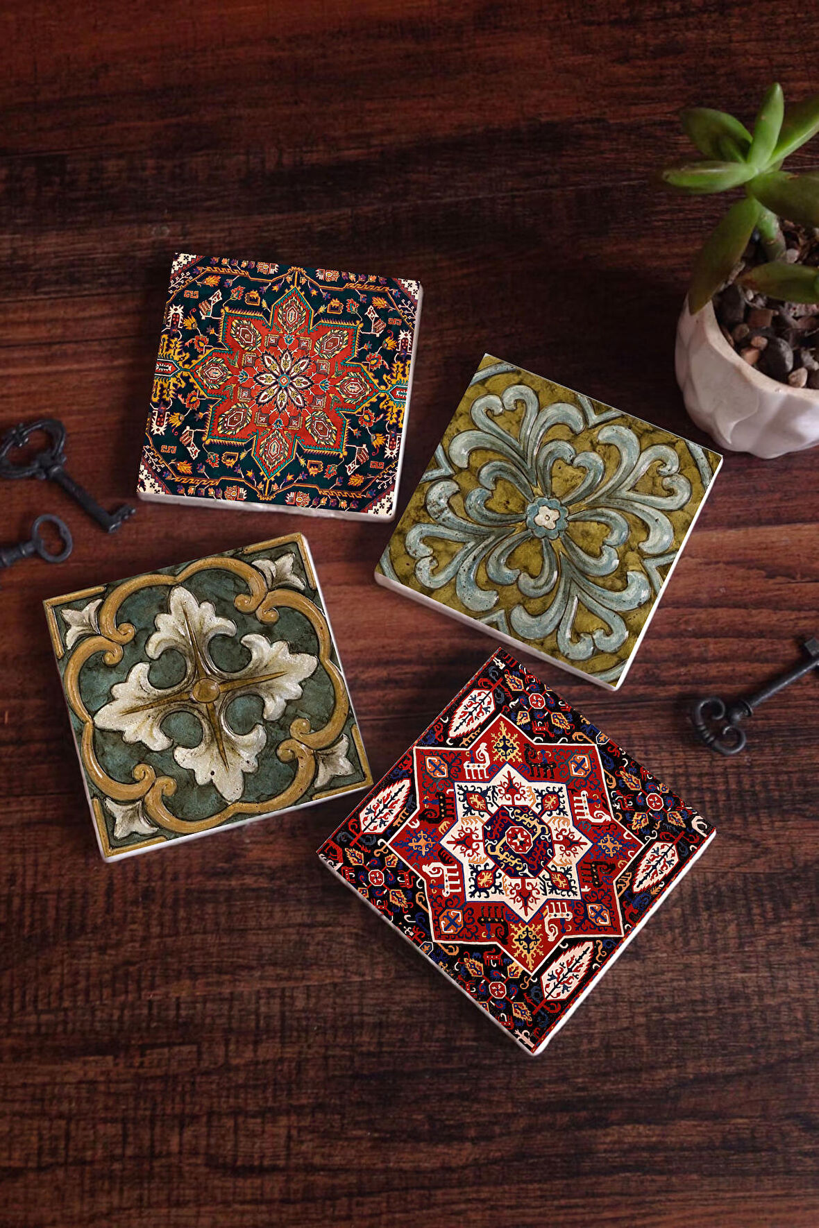 Desen Taş Bardak Altlığı Masaüstü Koruyucu Altlık 4 Parça Set 10x10cm Stone Coasters